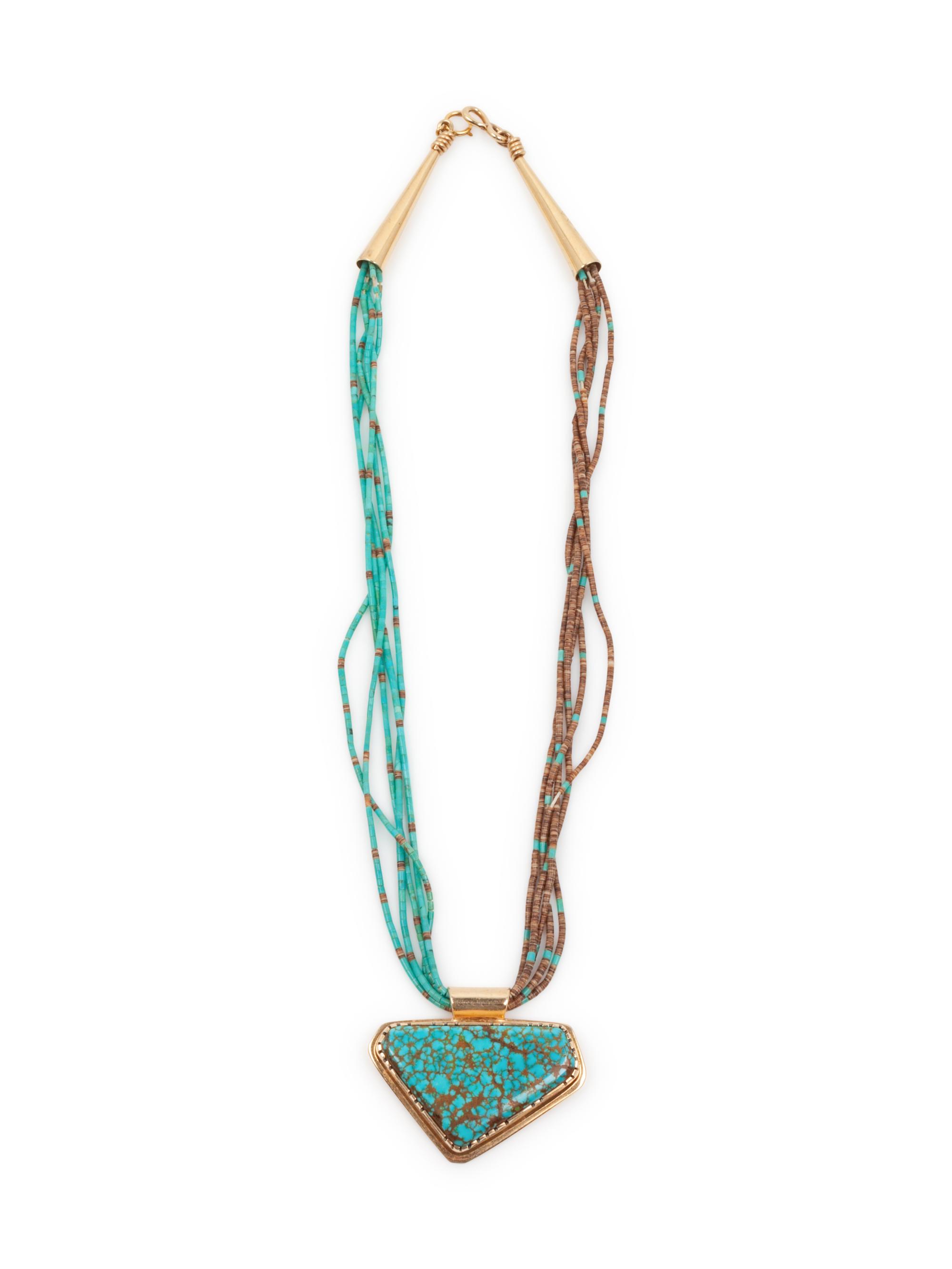 Rolled Turquoise and Heishi Multi-Strand Necklace, with 14k Gold and Turquoise Pendant