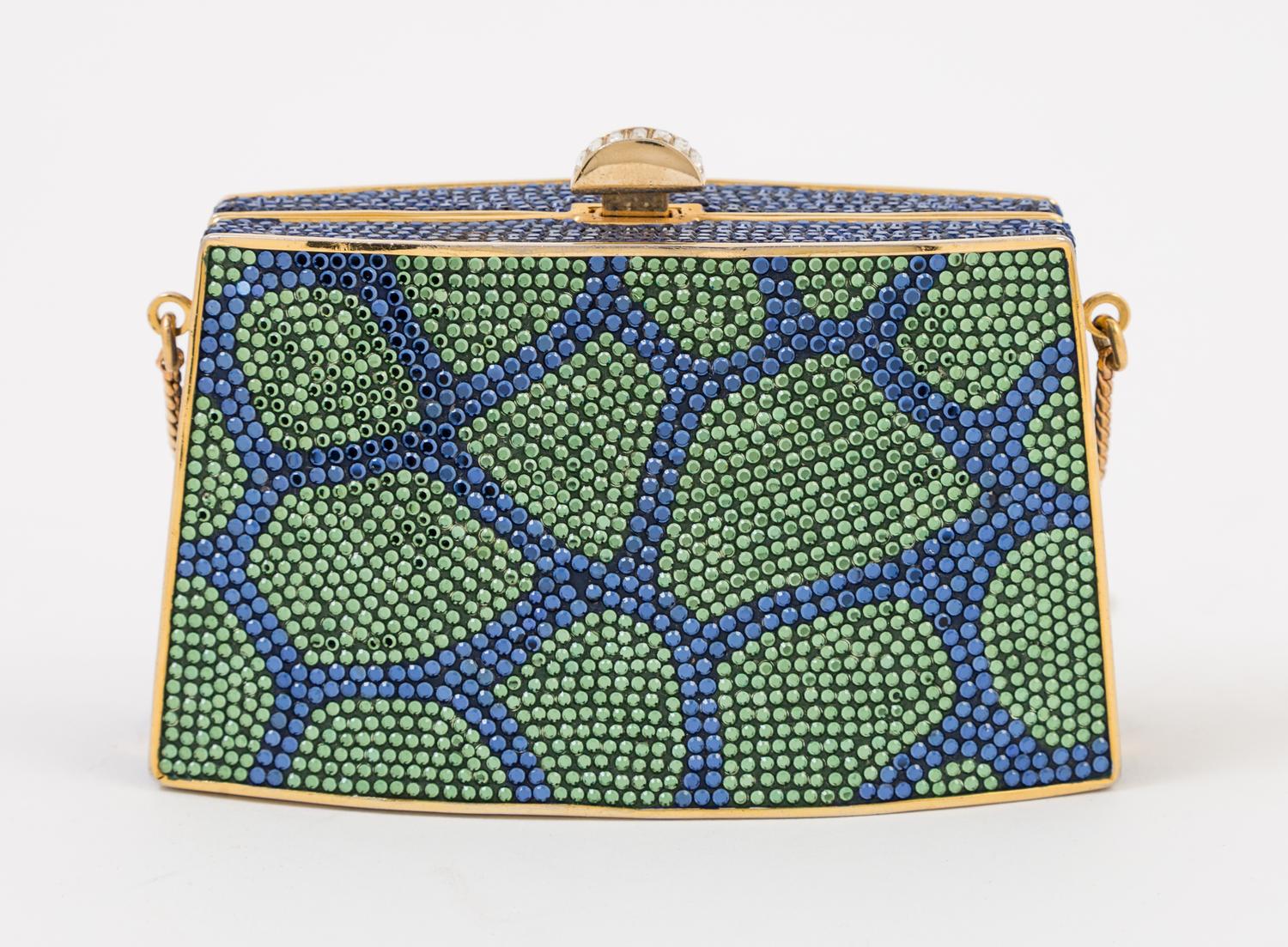A Judith Leiber Blue and Green Crystal Clutch, 4.5" x 2.75" x 1".