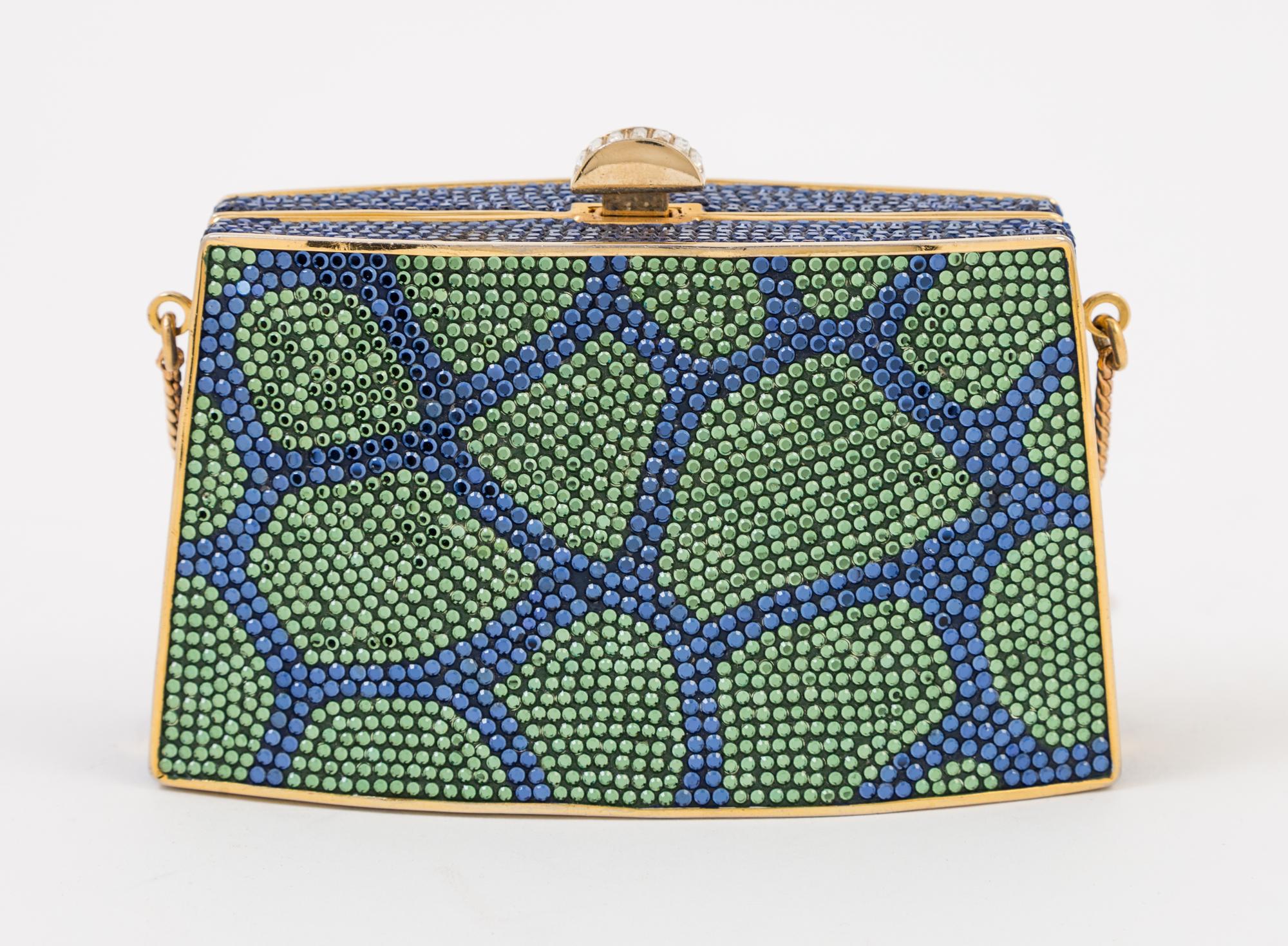A Judith Leiber Blue and Green Crystal Clutch, 4.5" x 2.75" x 1".