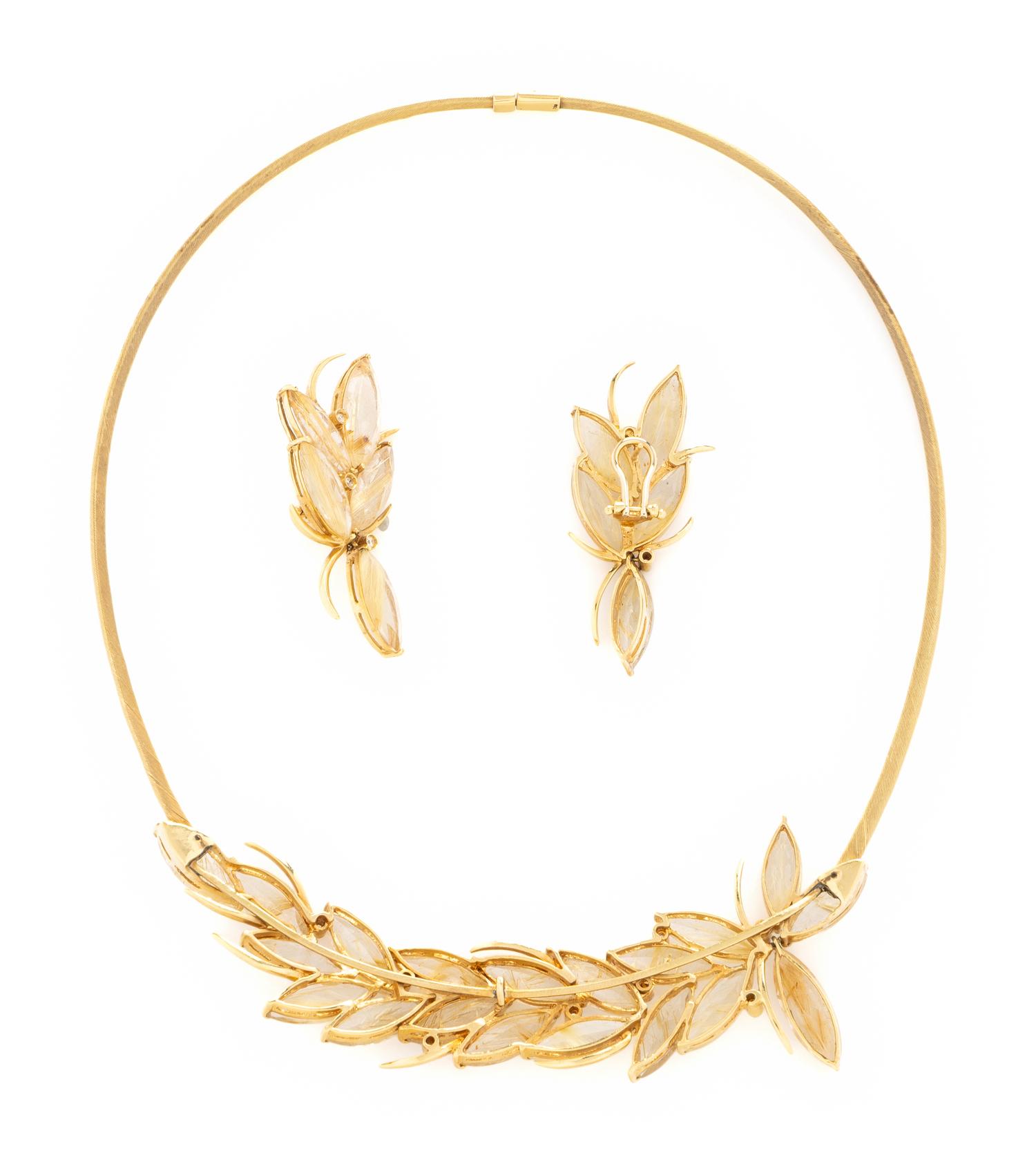 RUTILATED QUARTZ, DIAMOND, AND YELLOW GOLD NECKLACE AND EARRING SET