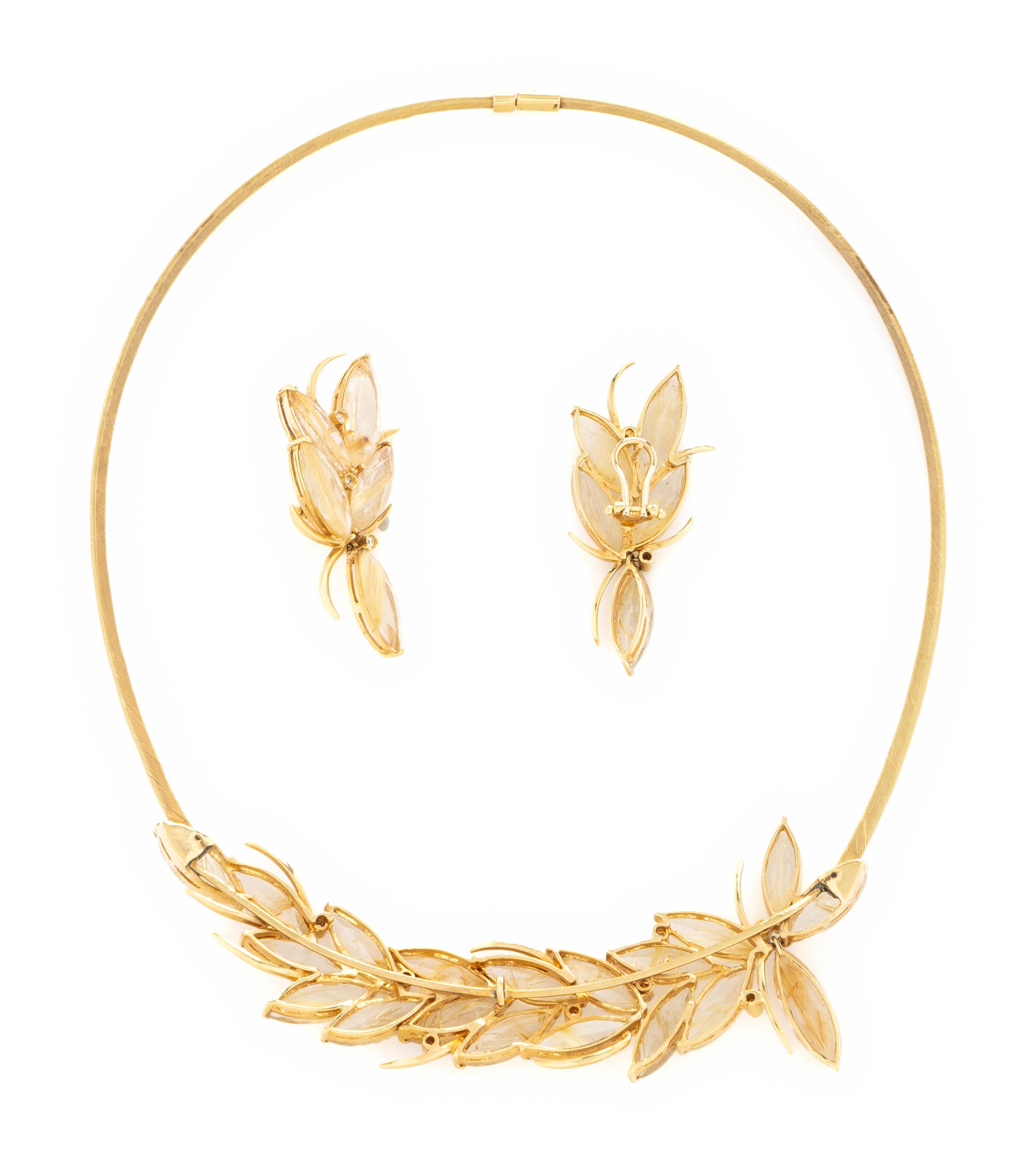 RUTILATED QUARTZ, DIAMOND, AND YELLOW GOLD NECKLACE AND EARRING SET