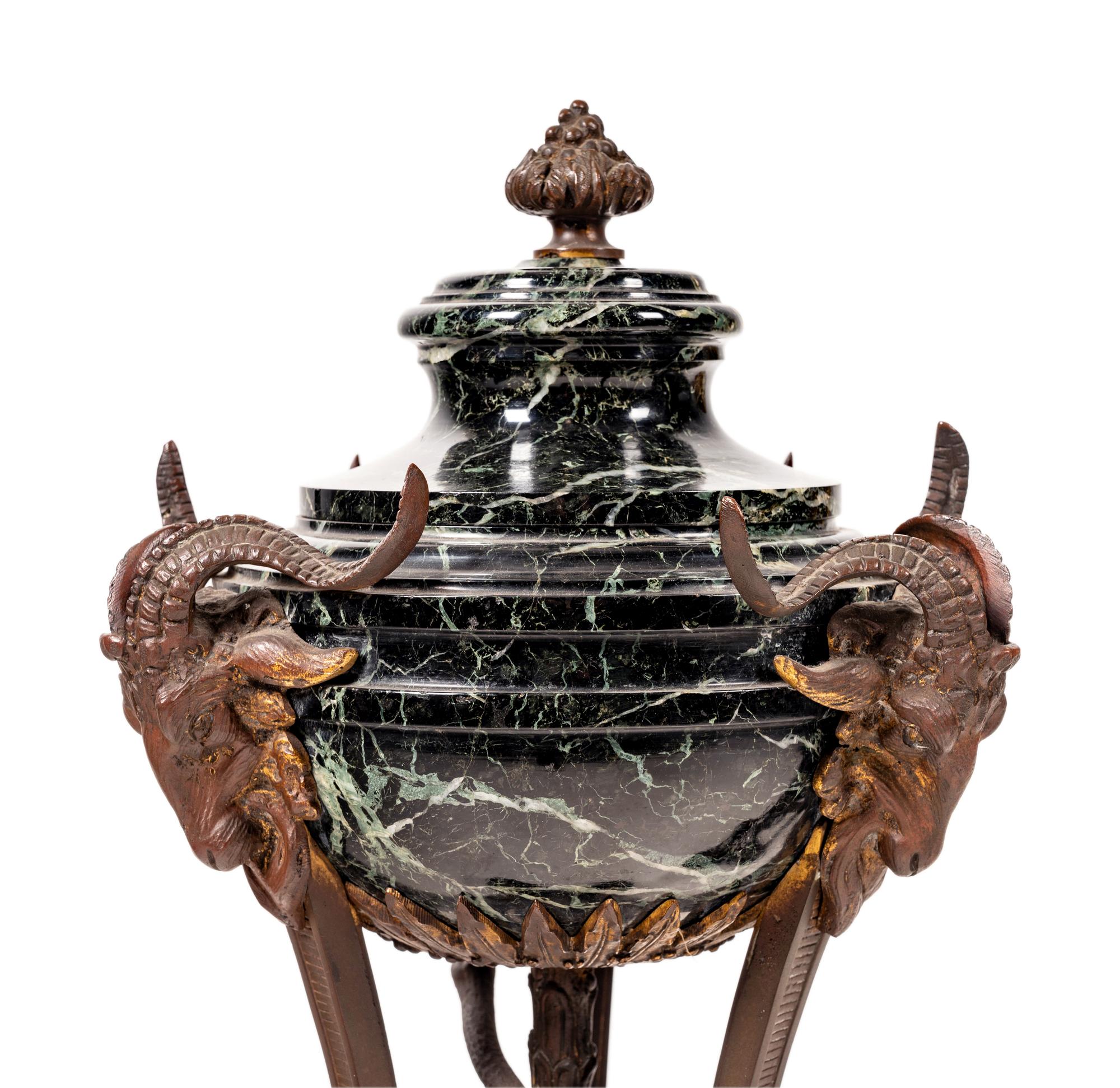 A Pair of Large Gilt Bronze and Marble Cassolettes