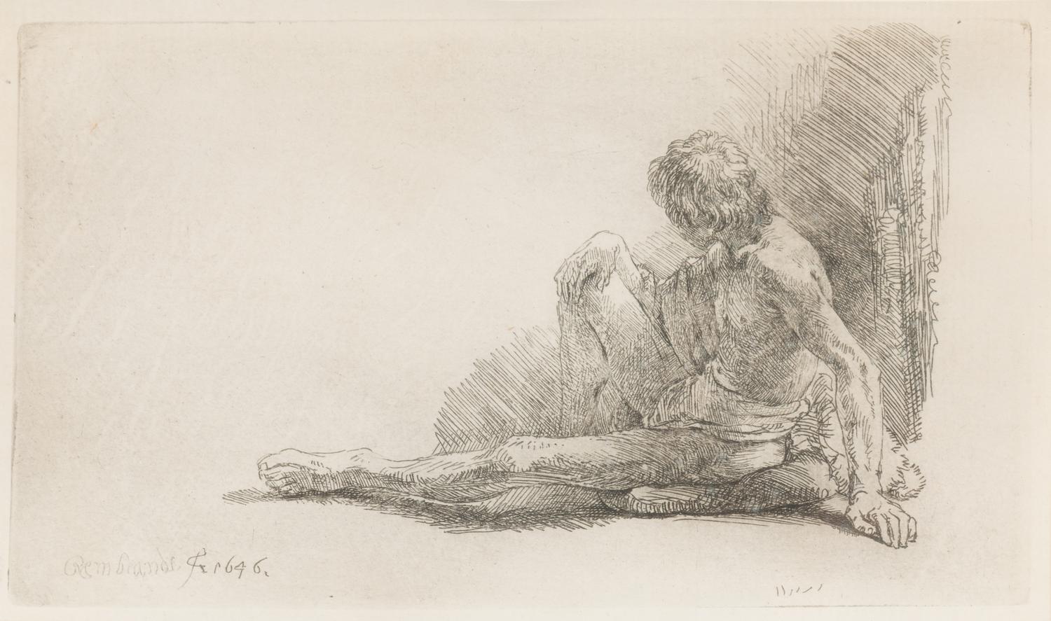 Nude Man Seated on the Ground with one Leg Extended