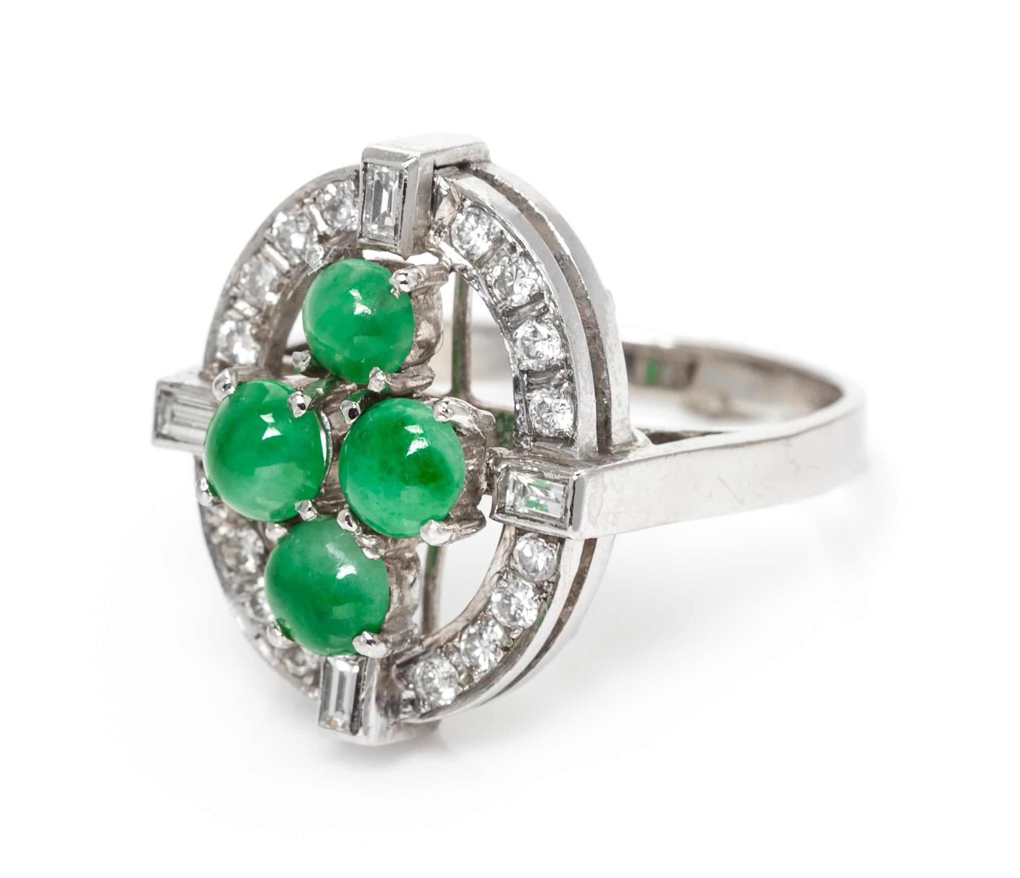 An 18 Karat White Gold, Jade and Diamond Ring, 5.00 dwts.