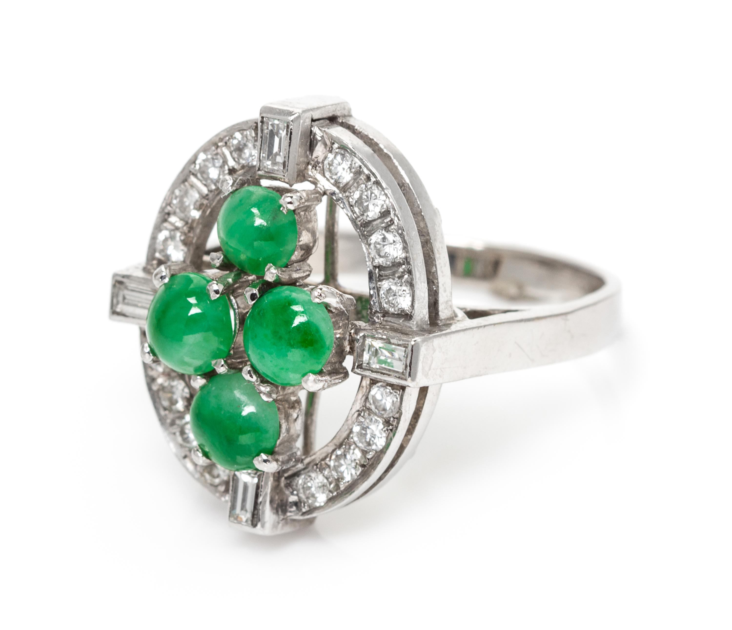An 18 Karat White Gold, Jade and Diamond Ring, 5.00 dwts.