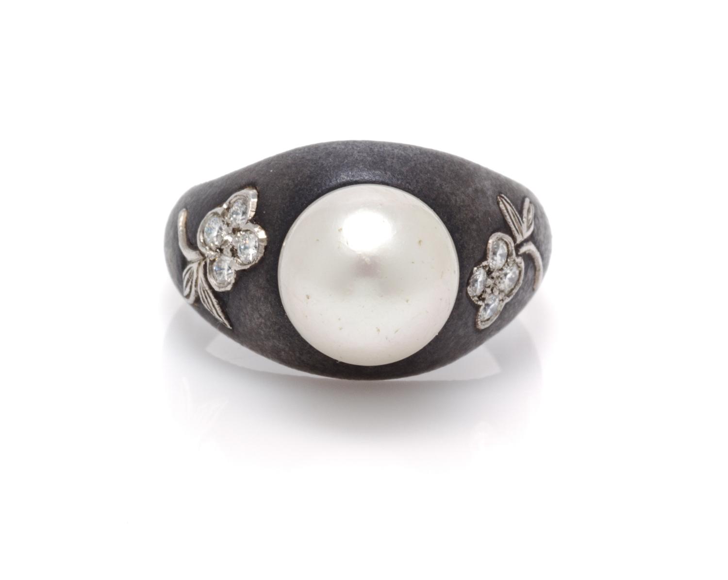 An Art Moderne Blackened Steel, White Gold and Cultured Pearl Ring, Marsh & Co., 3.50 dwts.
