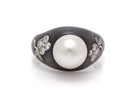 An Art Moderne Blackened Steel, White Gold and Cultured Pearl Ring, Marsh & Co., 3.50 dwts.