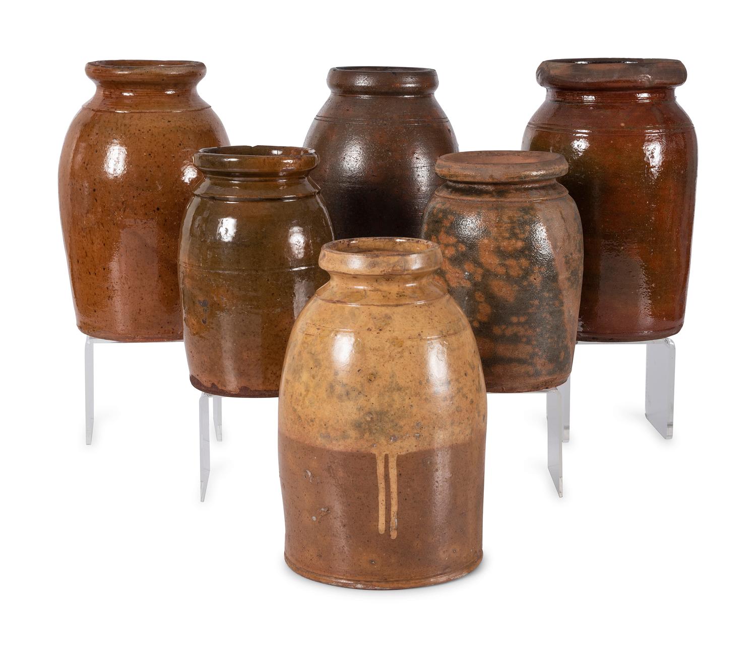 Six Galena Glaze Redware Crocks