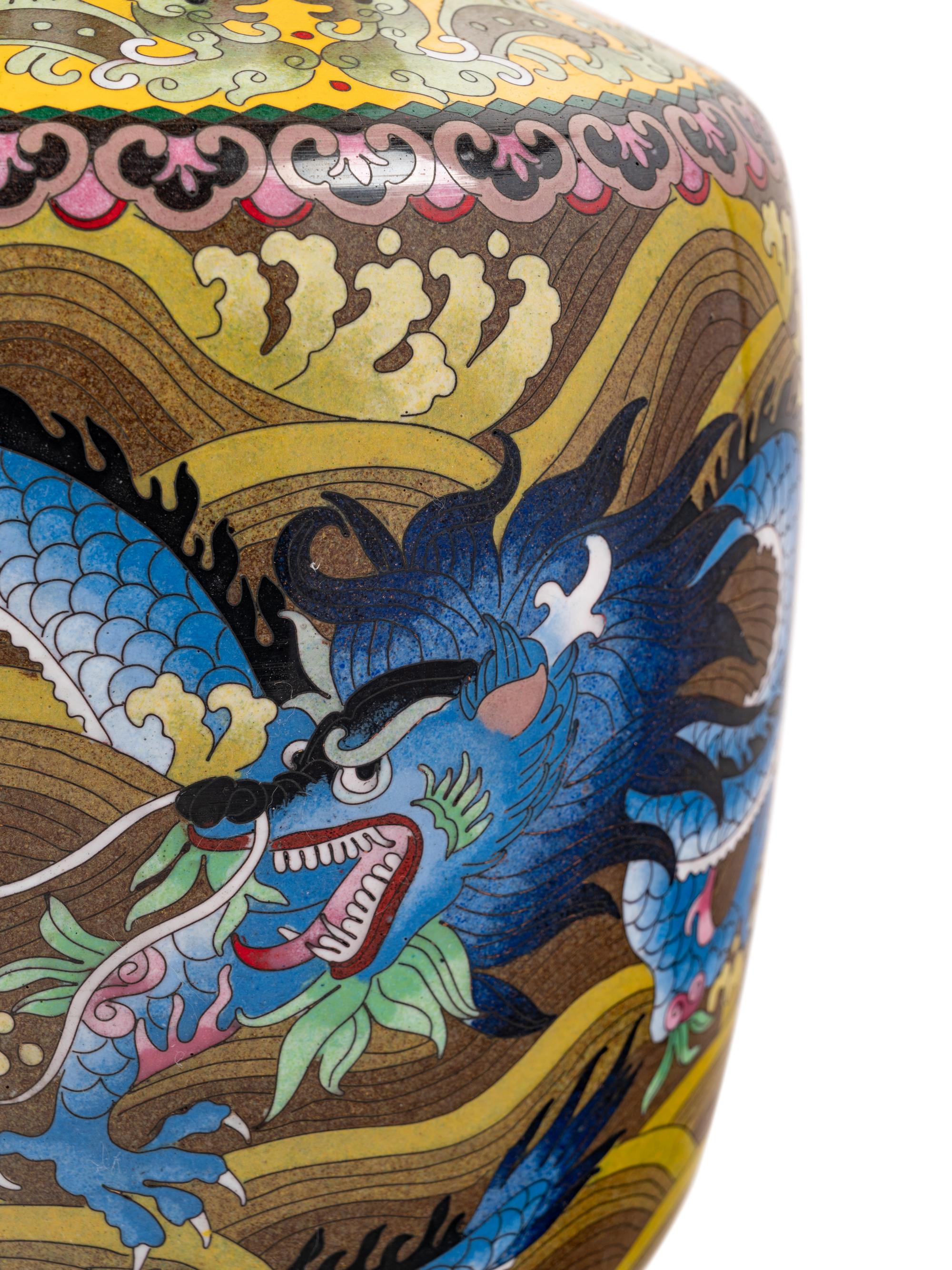 Seven Large Chinese Yellow Ground Cloisonné Enameled Vases