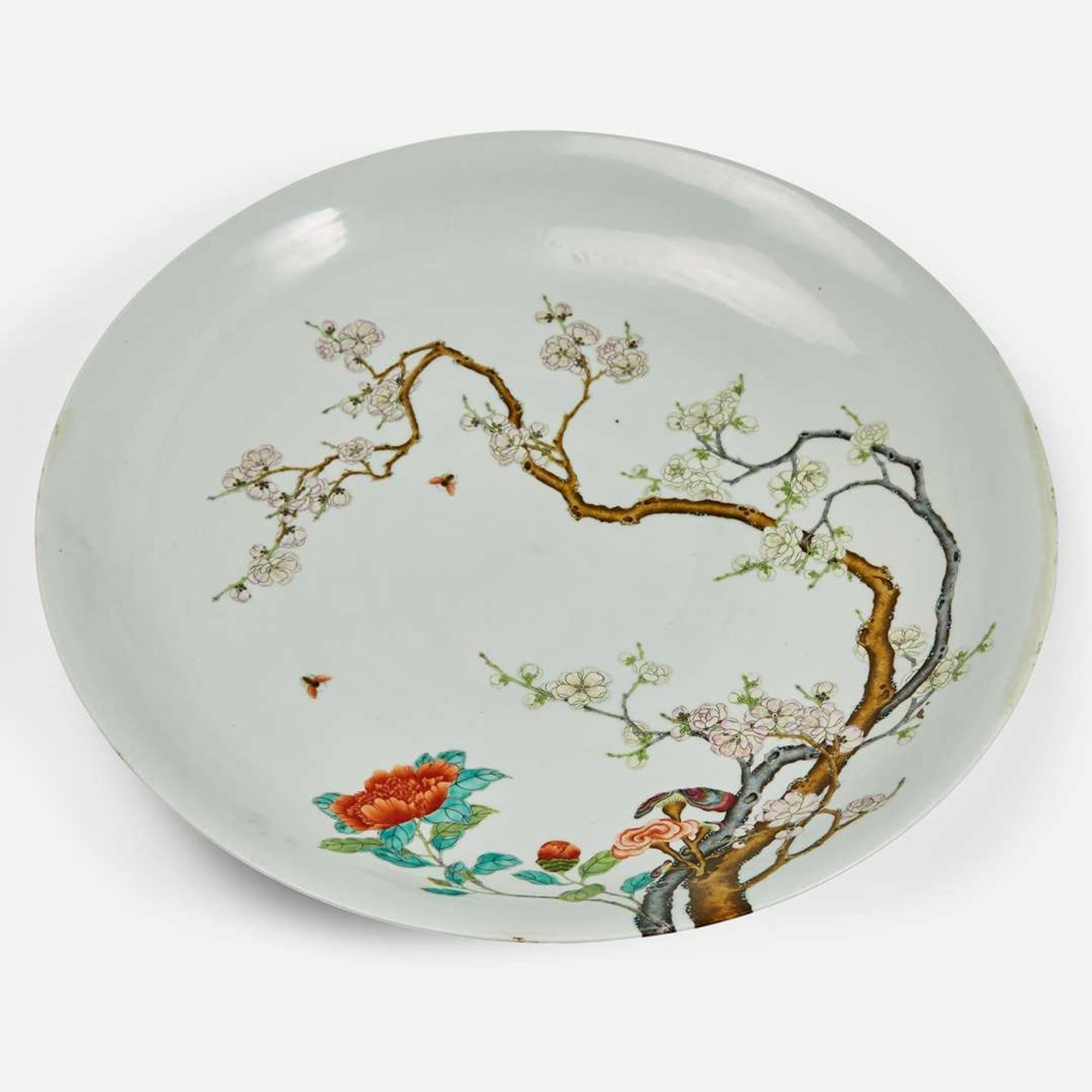 A large Chinese enameled porcelain floral charger 琺瑯彩過枝花卉大盤 Yongzheng six-character mark ?????????