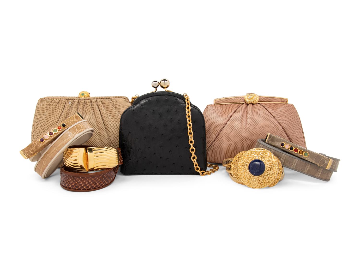 Seven Judith Leiber Items: Three Exotic Skin Bags, Four Belts, 1980-90s
