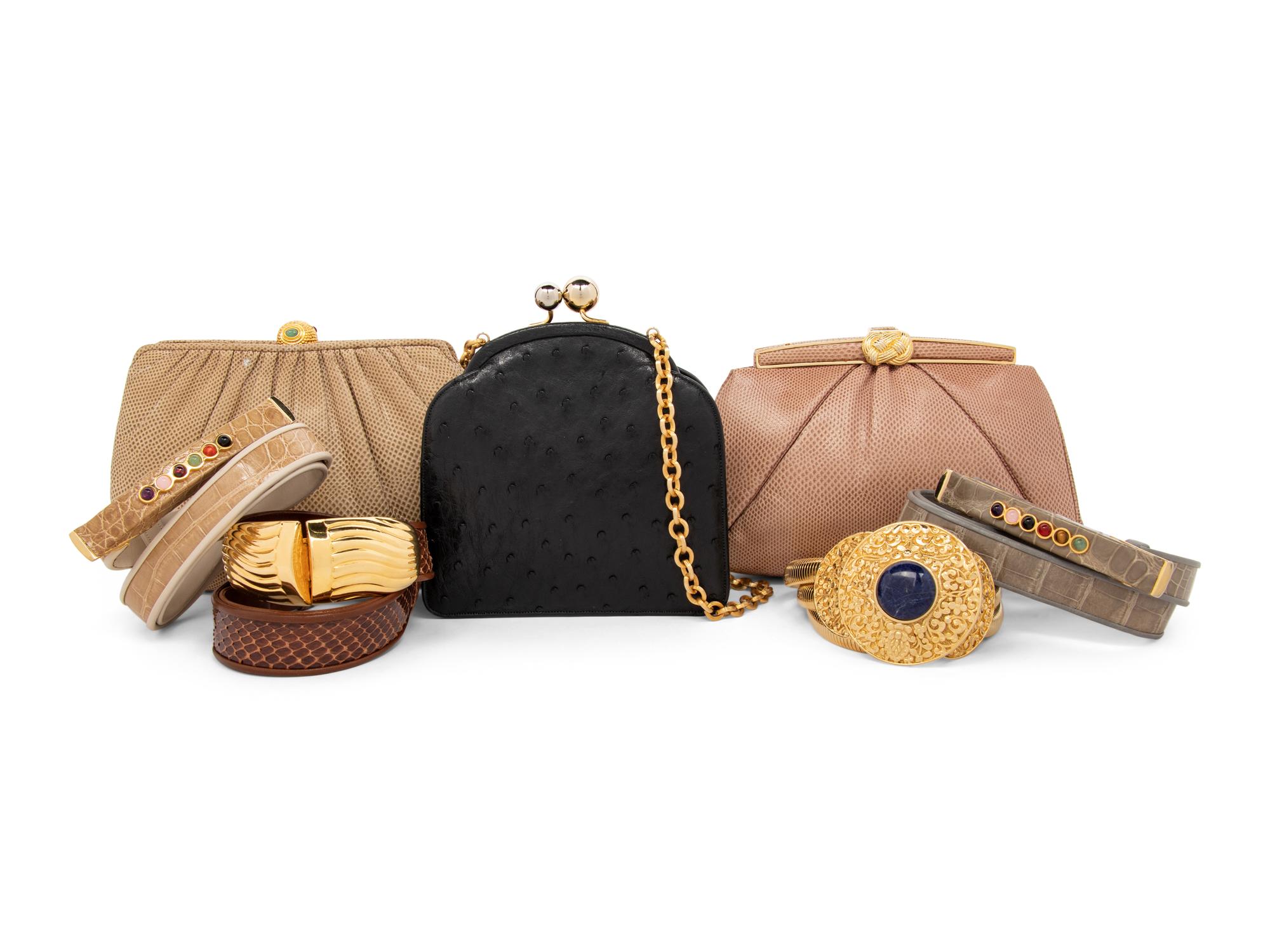 Seven Judith Leiber Items: Three Exotic Skin Bags, Four Belts, 1980-90s
