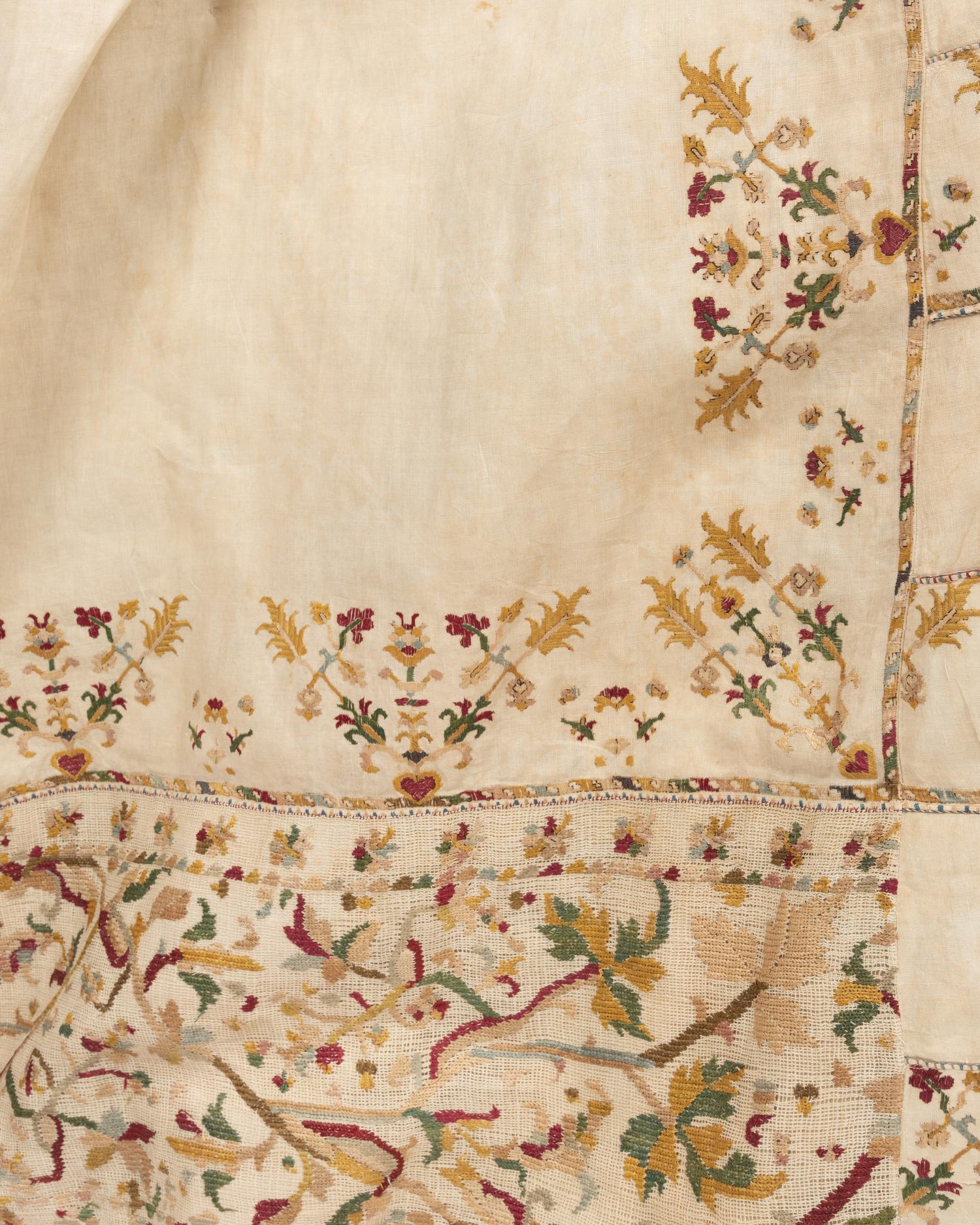 Linen Day Dress à la 18th Century with Embroidery, 1870-80s