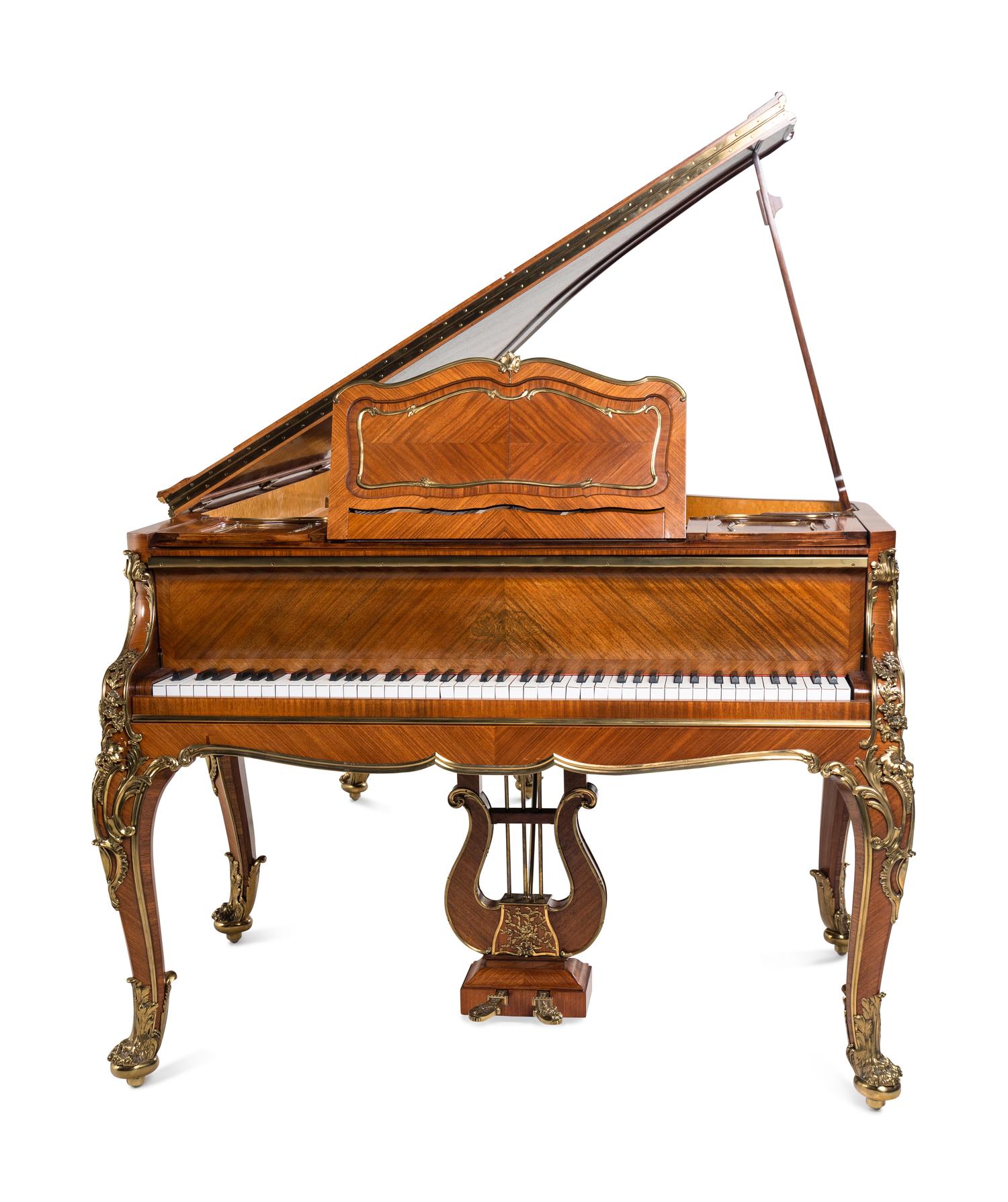 A Louis XV Style Gilt Bronze Mounted Kingwood, Bois Satiné, Mahogany and Marquetry Piano à Queue