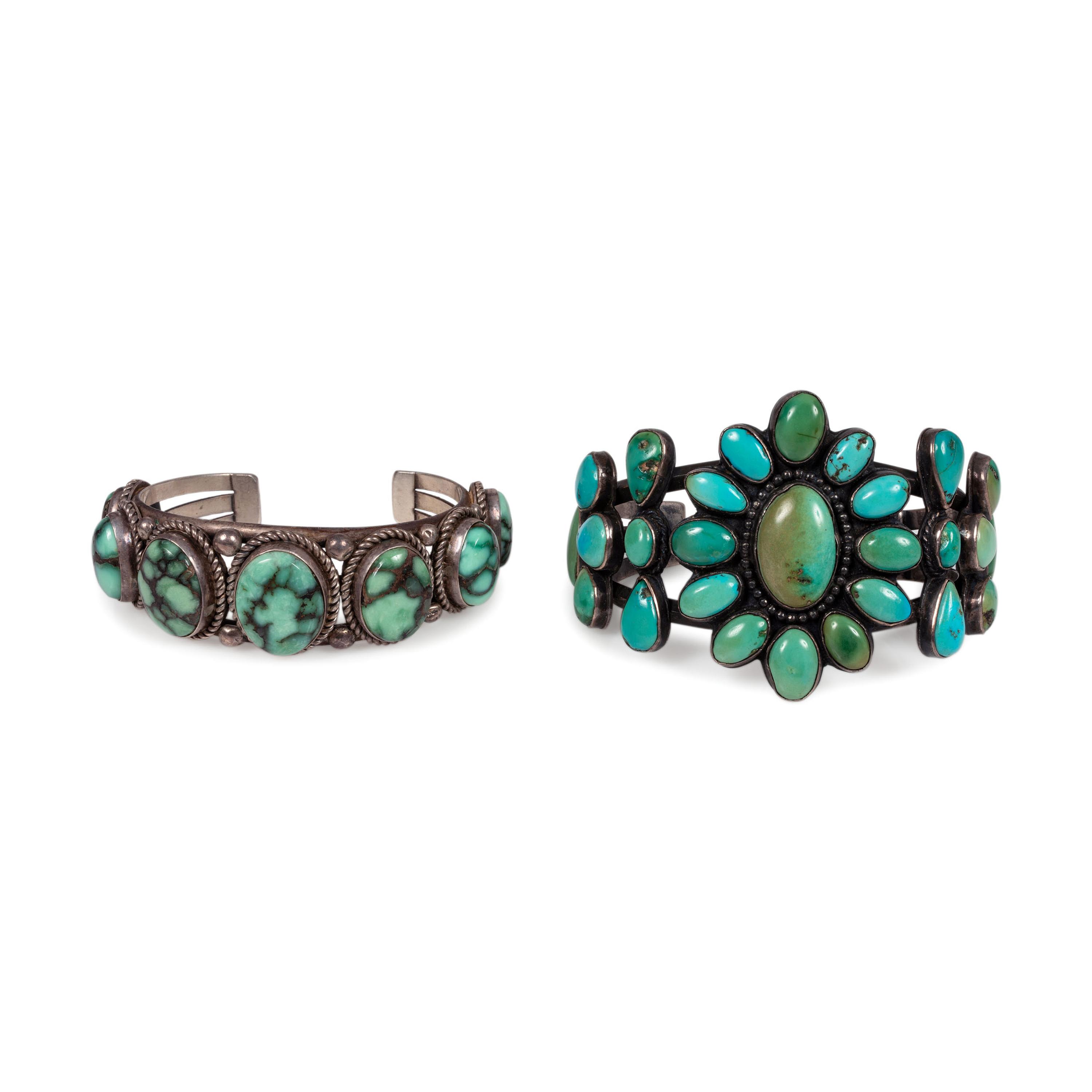 Pair of Navajo Silver and Turquoise Cuff Bracelets