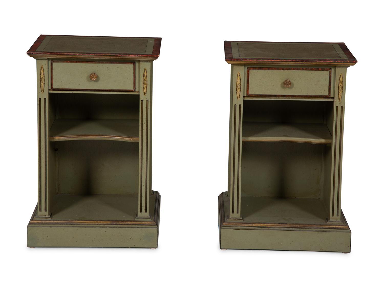 A Pair of Green Painted Pedestal Side Tables