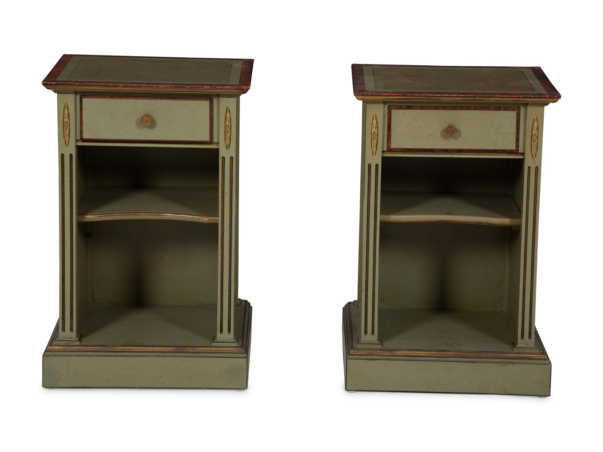 A Pair of Green Painted Pedestal Side Tables