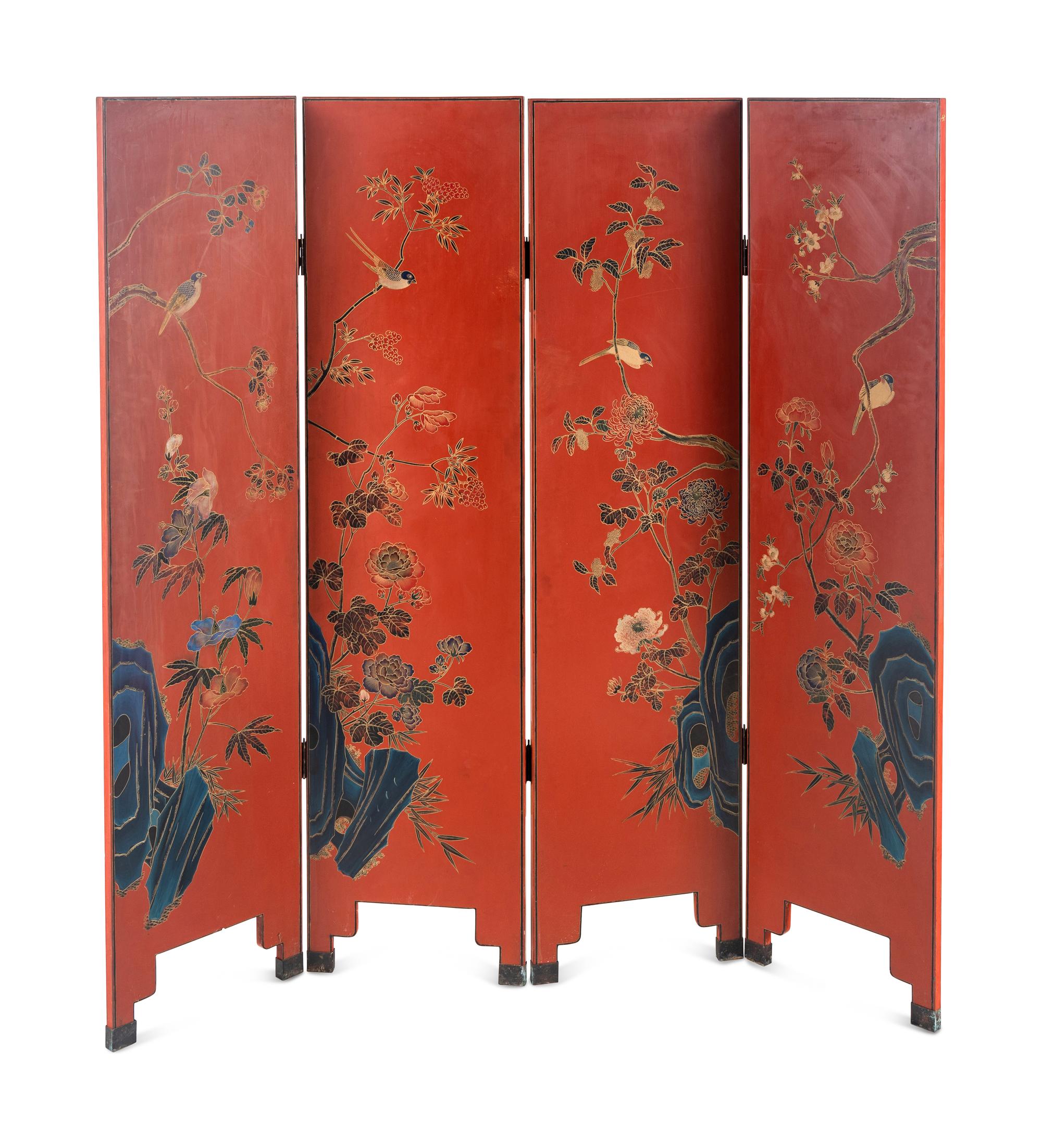 A Chinese Painted and Red Lacquered Four-Panel Floor Screen