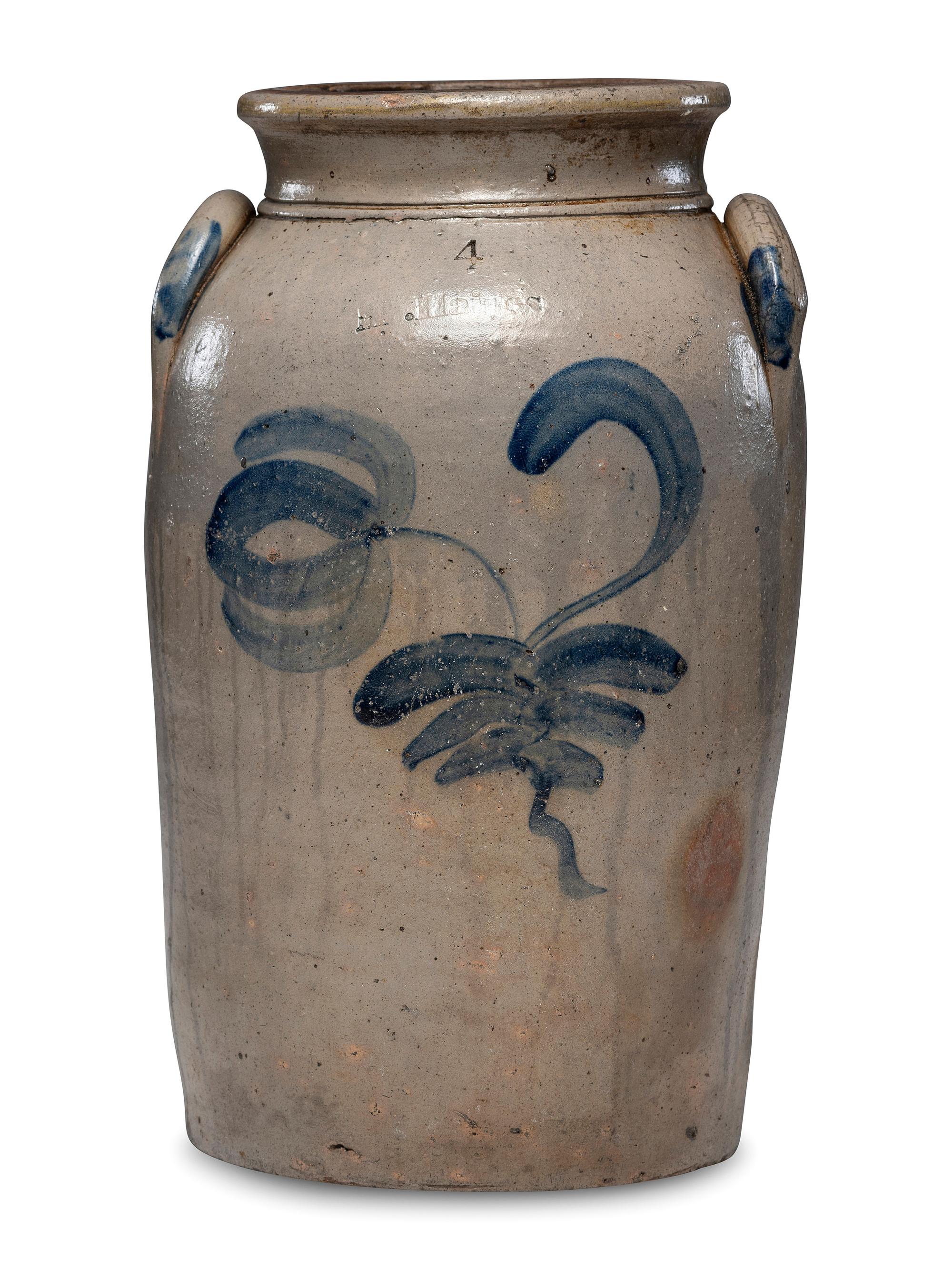 An H. Haines Four-Gallon Cobalt Decorated Stoneware Crock