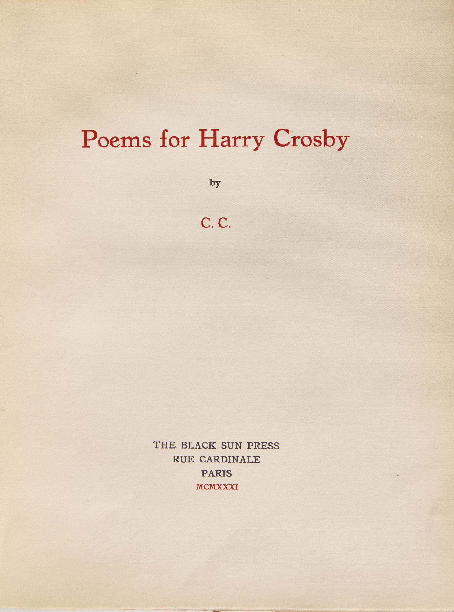[Black Sun Press] Crosby, Caresse. Poems for Harry Crosby