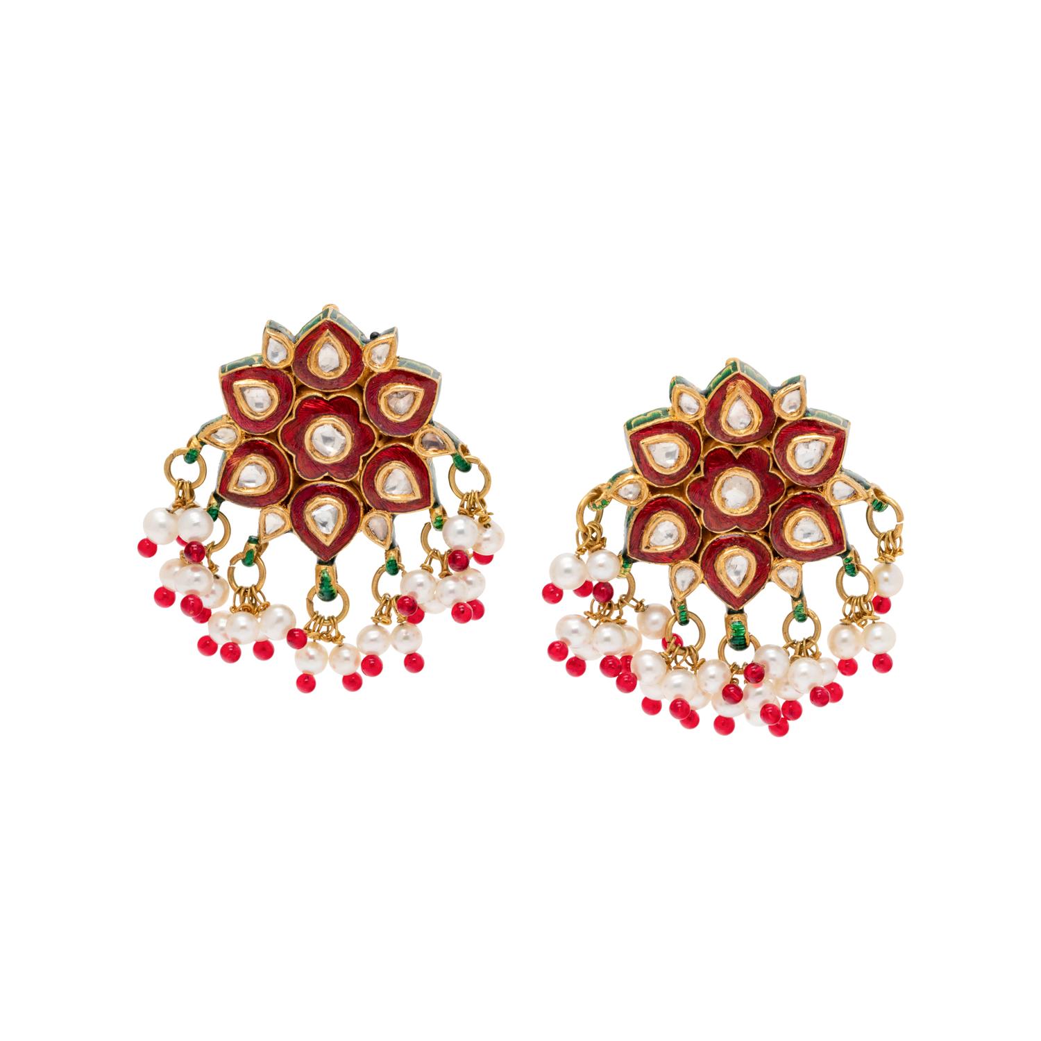 KUNDAN, DIAMOND, ENAMEL AND CULTURED PEARL EARCLIPS
