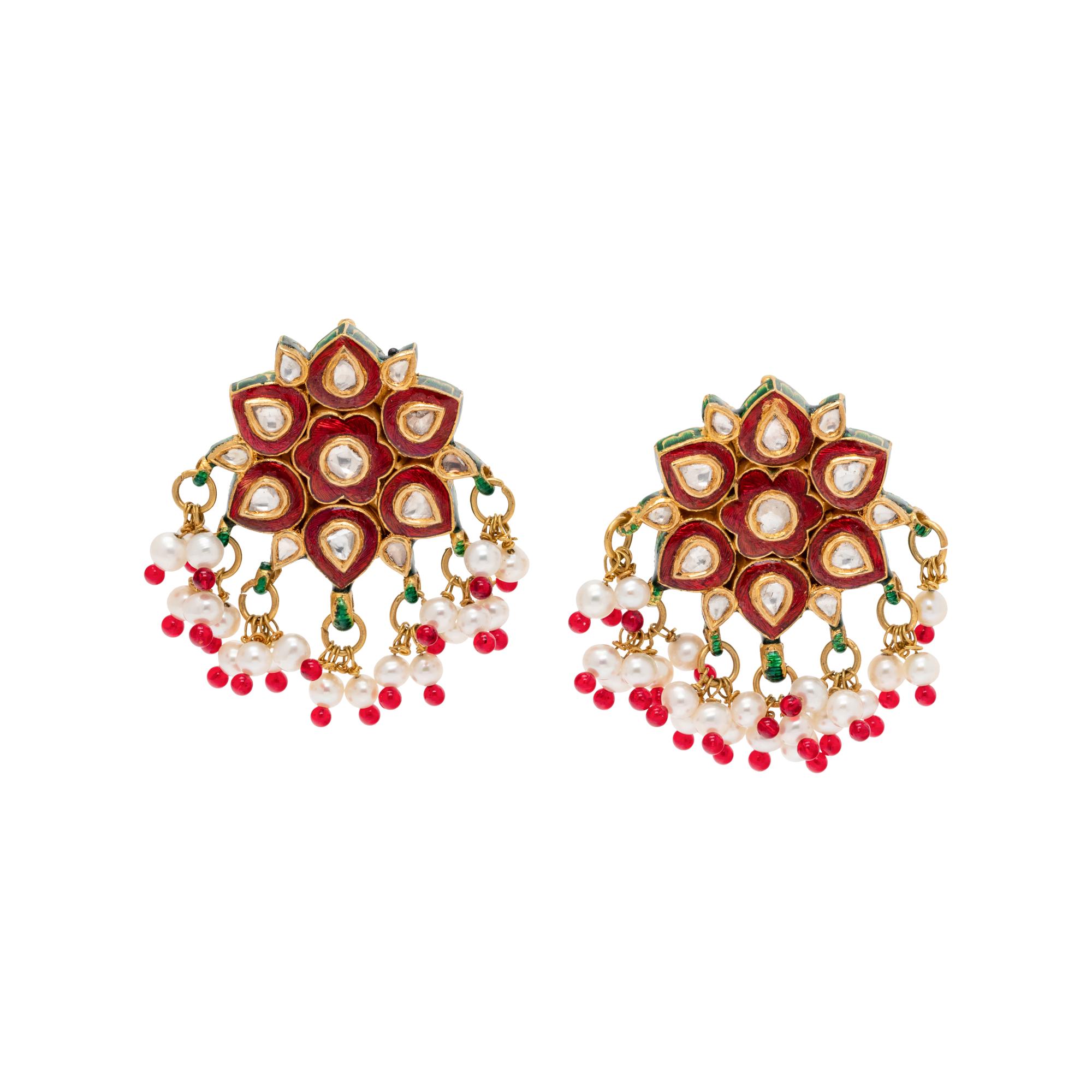 KUNDAN, DIAMOND, ENAMEL AND CULTURED PEARL EARCLIPS