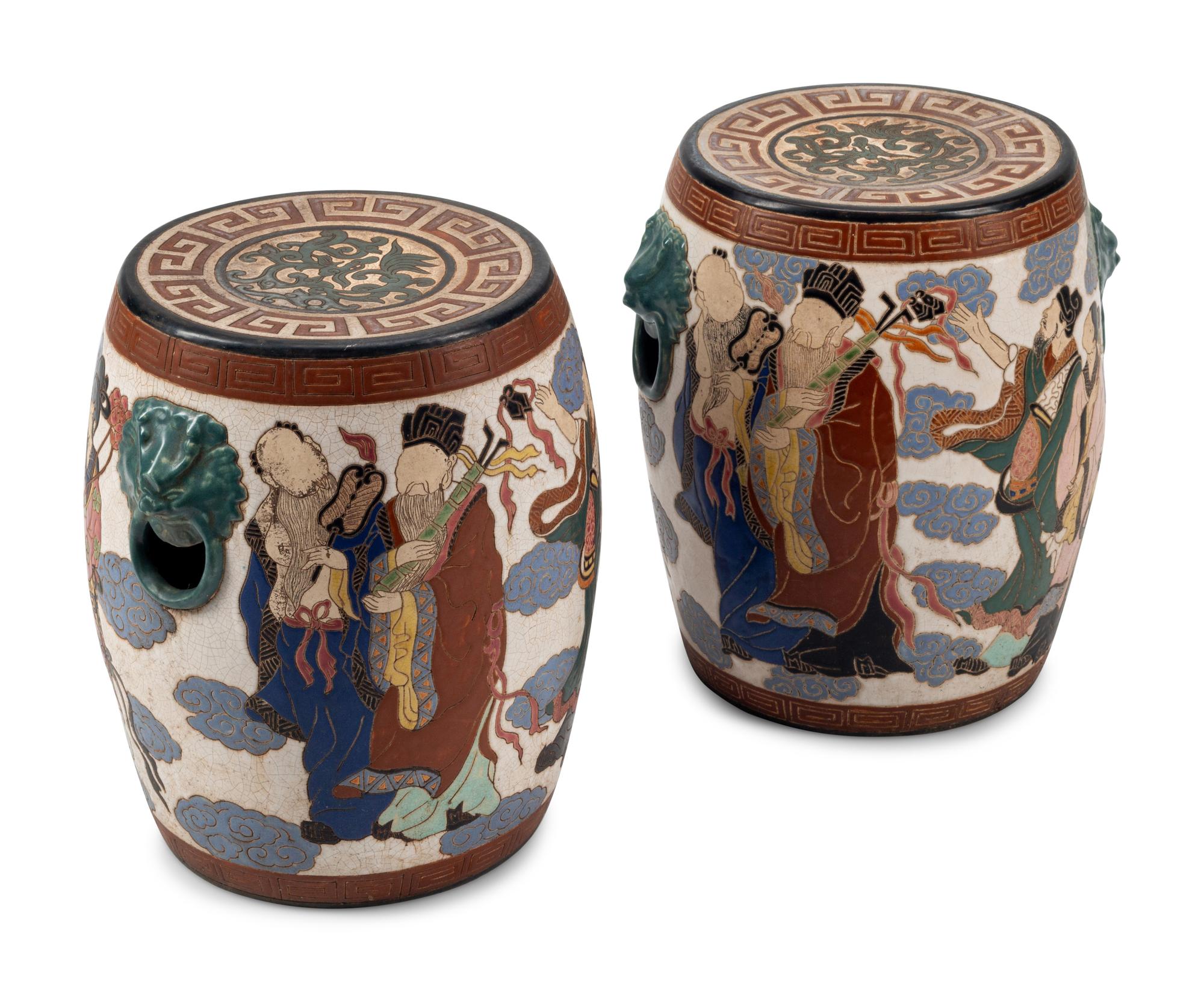 A Pair of Japanese Polychrome Enameled Earthenware Garden Seats