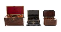 Three English Tea Caddies, Height of tallest 7 1/4 x width 11 3/4 x depth 7 3/8 inches.