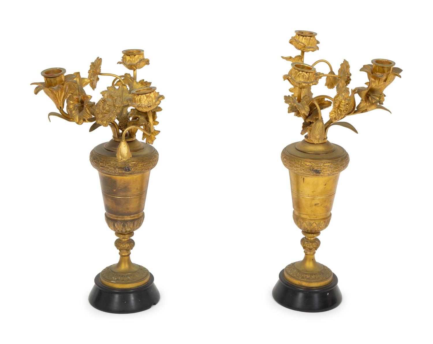 A Near Pair of French Gilt Bronze Floral Three-Light Candelabra