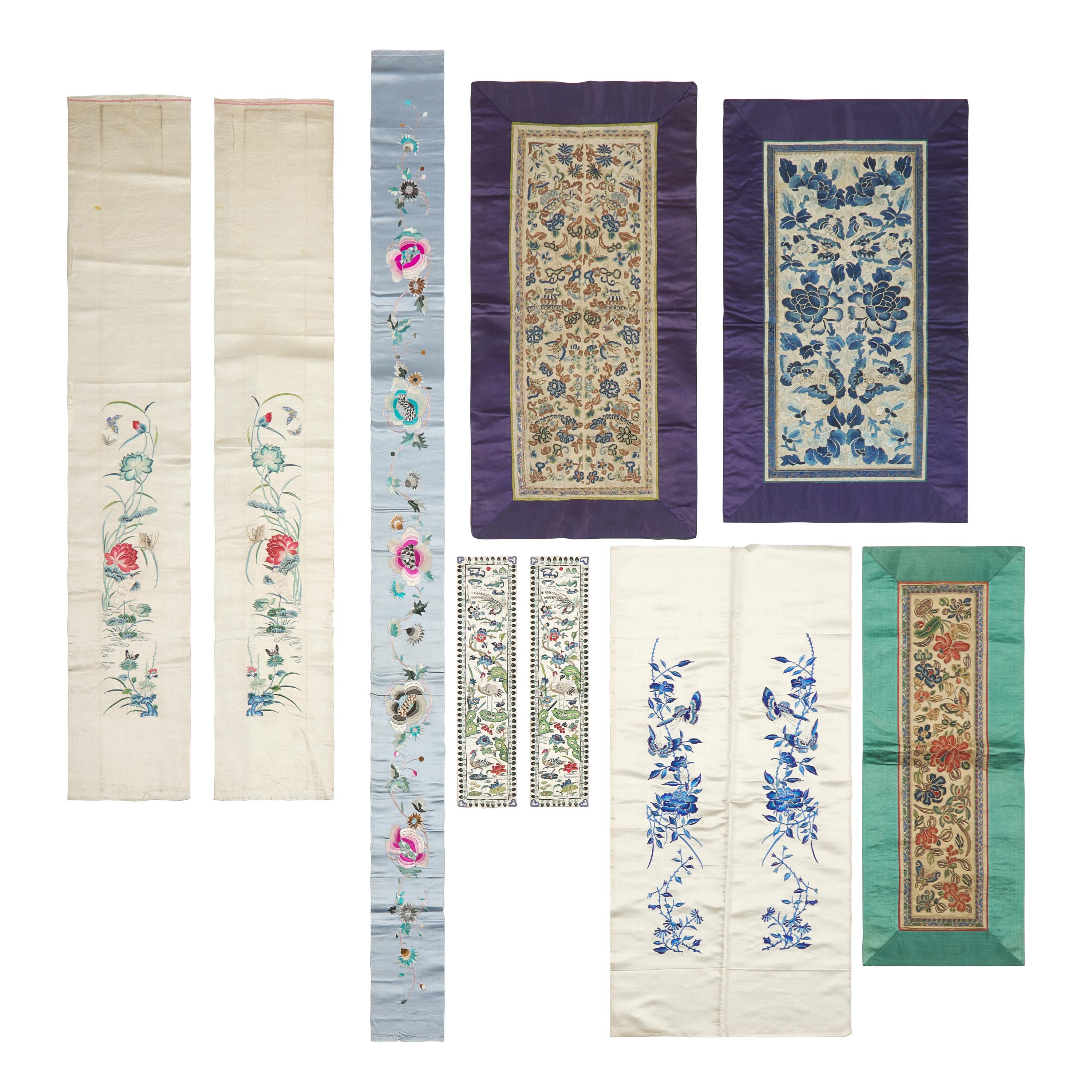 A Group of Chinese Silk Embroidered Sleeve Bands and Panels, 19th Century 清晚期 挽袖及綉片一組