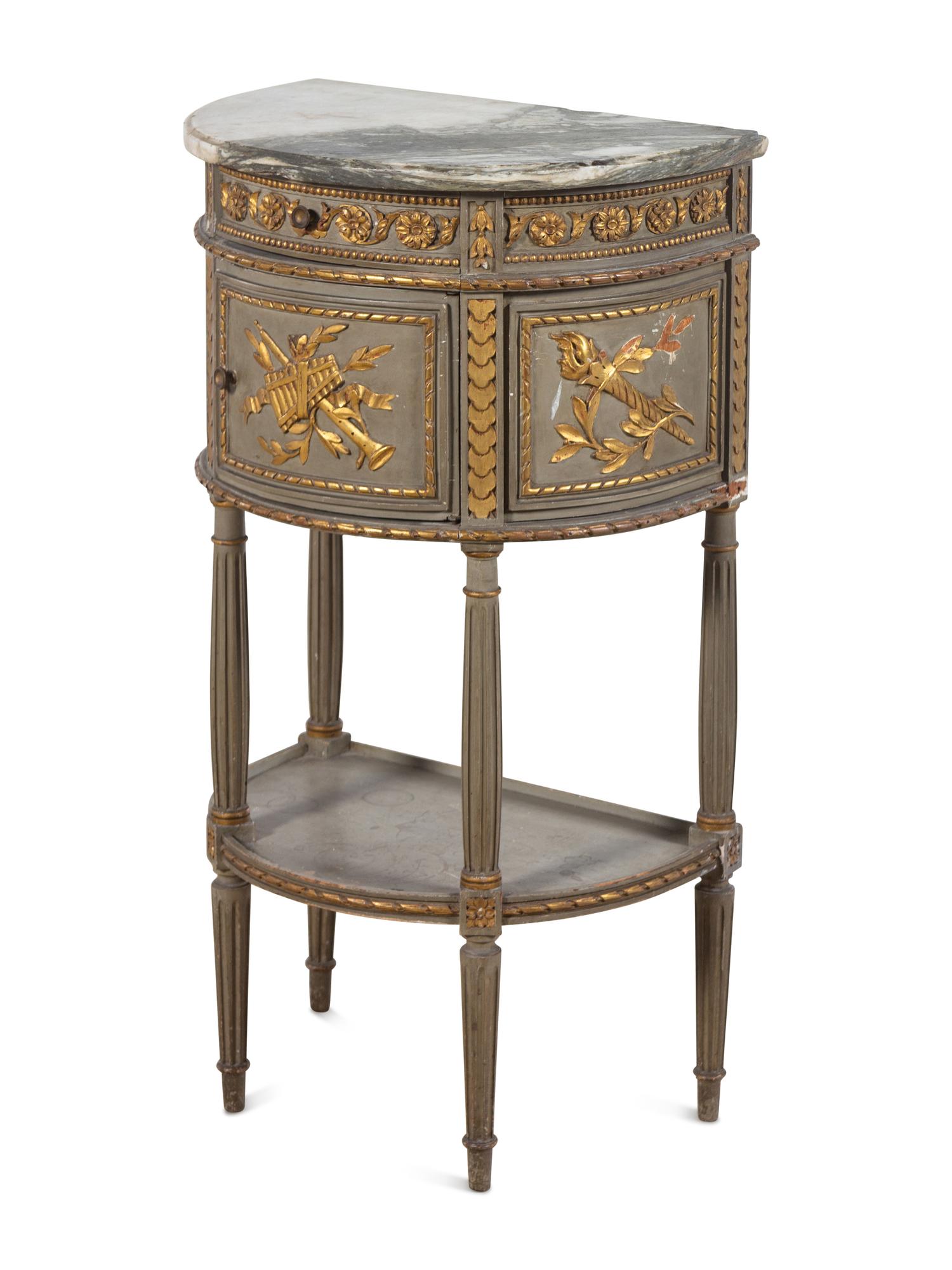 A Louis XVI Style Painted and Parcel Gilt Marble-Top Demilune Commode