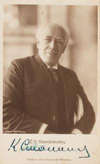 STANISLAVSKY, Konstantin (1863-1938). Black and white promotional card, signed in Cyrillic, n.d.