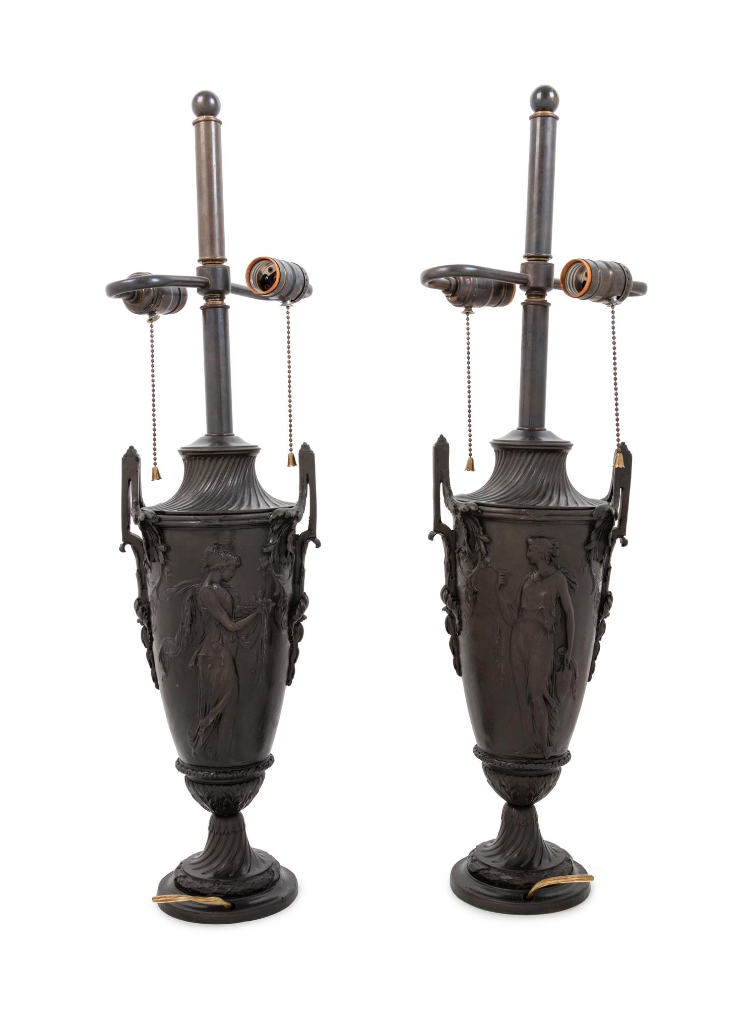 A Pair of Neoclassical Bronze Urns Mounted as Lamps