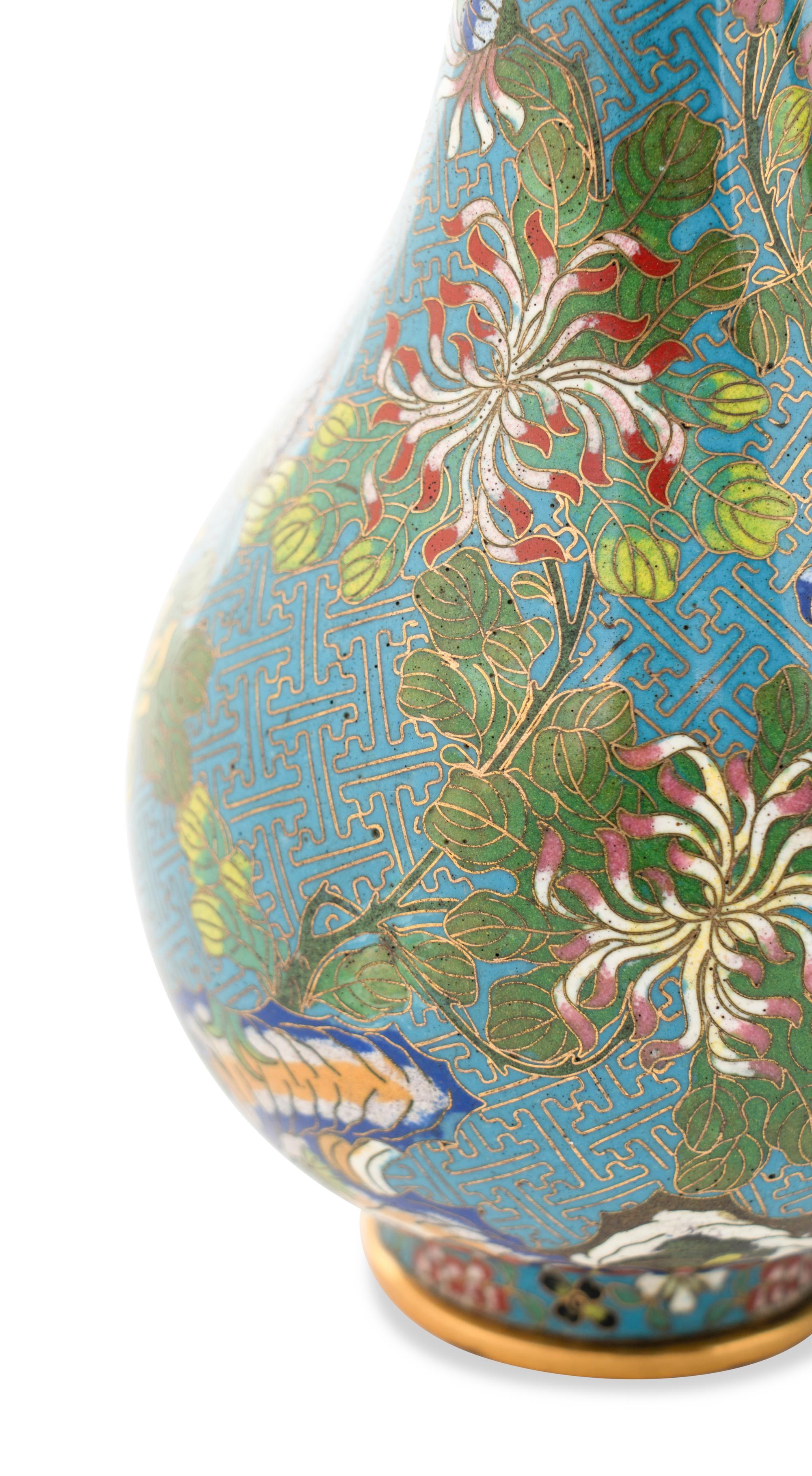 A Pair of Chinese Turquoise Ground Cloisonné Enamel Bottle Vases