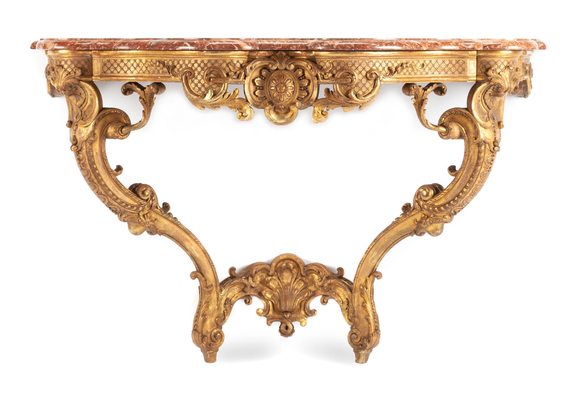 A Regence Style Carved Giltwood Console Height 32 x width 51 x depth 21 1/2 inches. — 19TH CENTURY