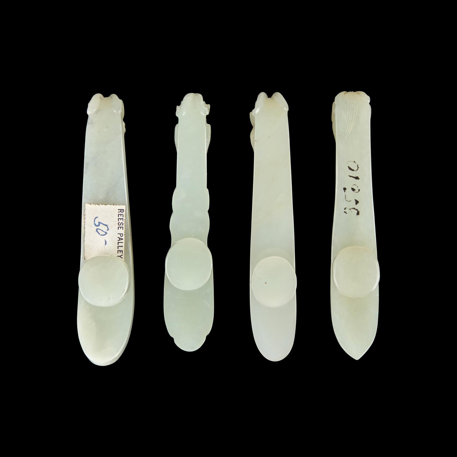 Four Chinese Pale Celadon Jade Belt Hooks, Qing Dynasty 清 青白玉帶鉤四件