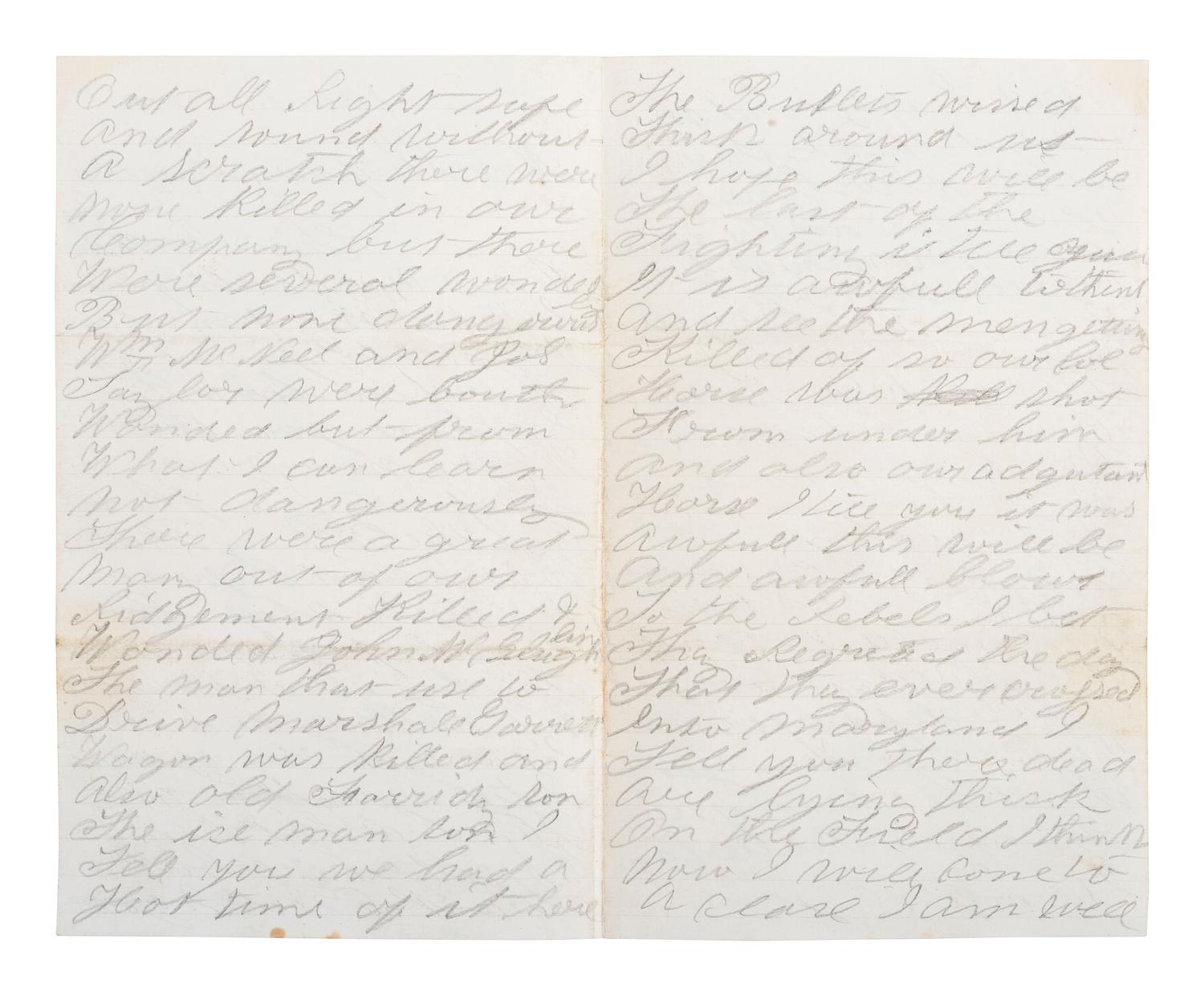 [CIVIL WAR]. Soldier's letter written by Jacob Pyewell, Company I, 106th Pennsylvania Infantry, describing the Battle of Antietam. "Near Sharpsburg Maryl," 20 [September?] 1862.