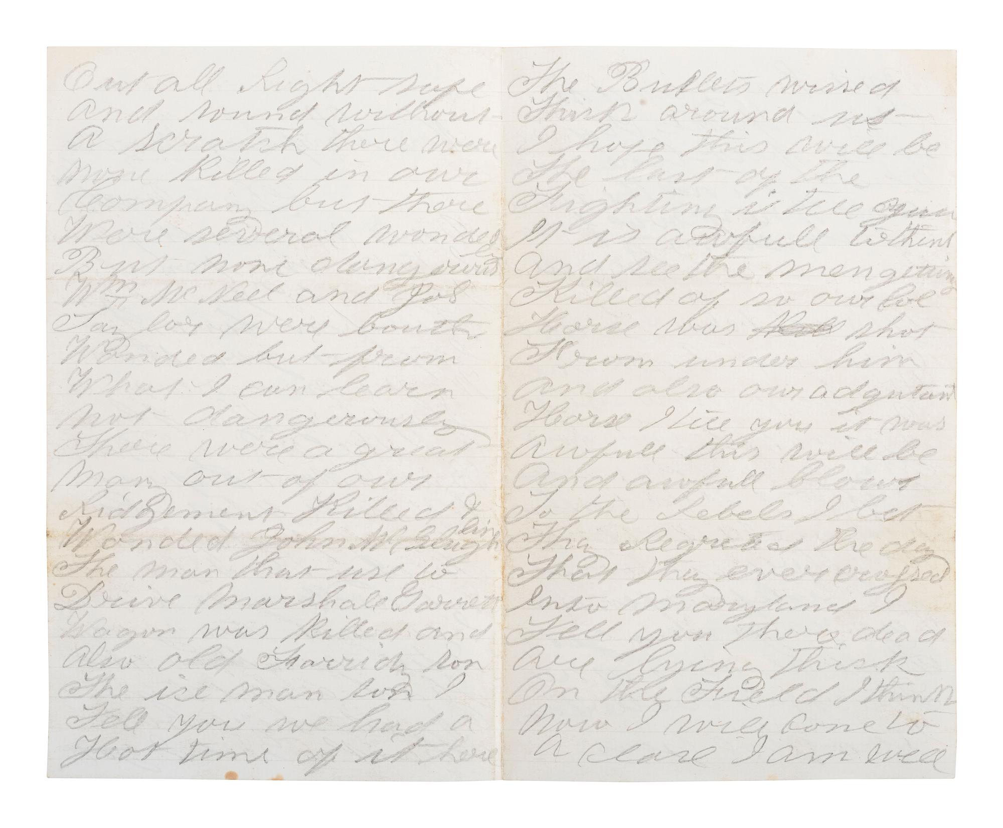 [CIVIL WAR]. Soldier's letter written by Jacob Pyewell, Company I, 106th Pennsylvania Infantry, describing the Battle of Antietam. "Near Sharpsburg Maryl," 20 [September?] 1862.