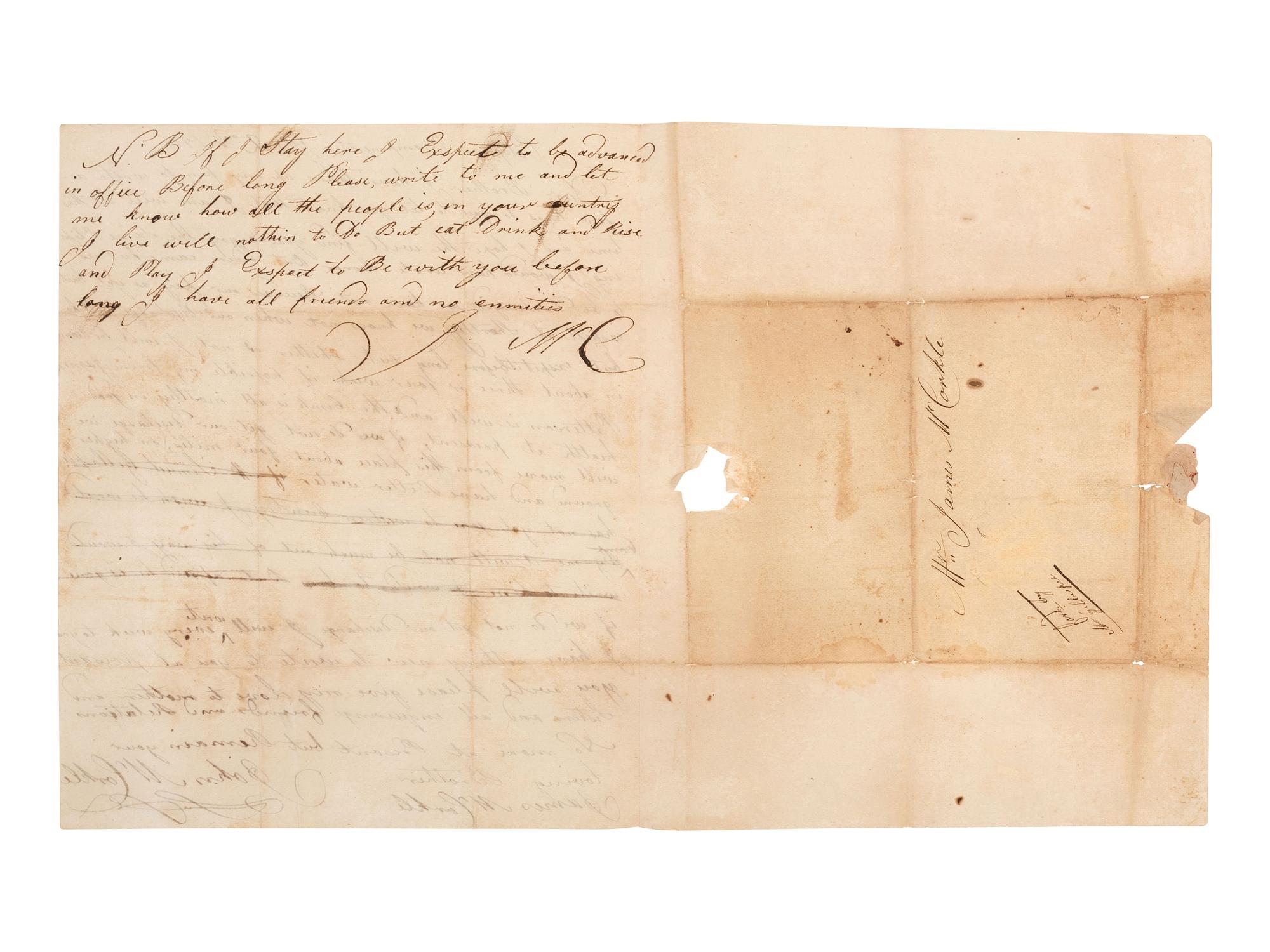 [WHISKEY REBELLION]. Letter from Pennsylvania militiaman William McCorkle describing "insurgents" in western Pennsylvania. "Headquarters Carlisle [PA]. November 12 1794."