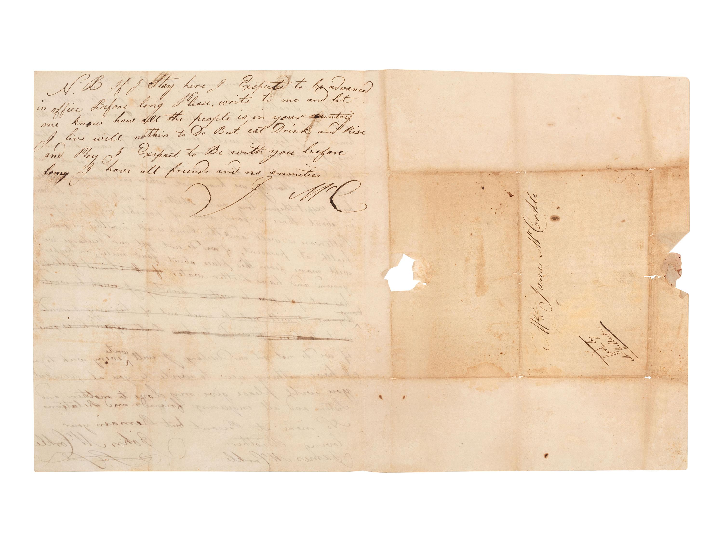 [WHISKEY REBELLION]. Letter from Pennsylvania militiaman William McCorkle describing "insurgents" in western Pennsylvania. "Headquarters Carlisle [PA]. November 12 1794."