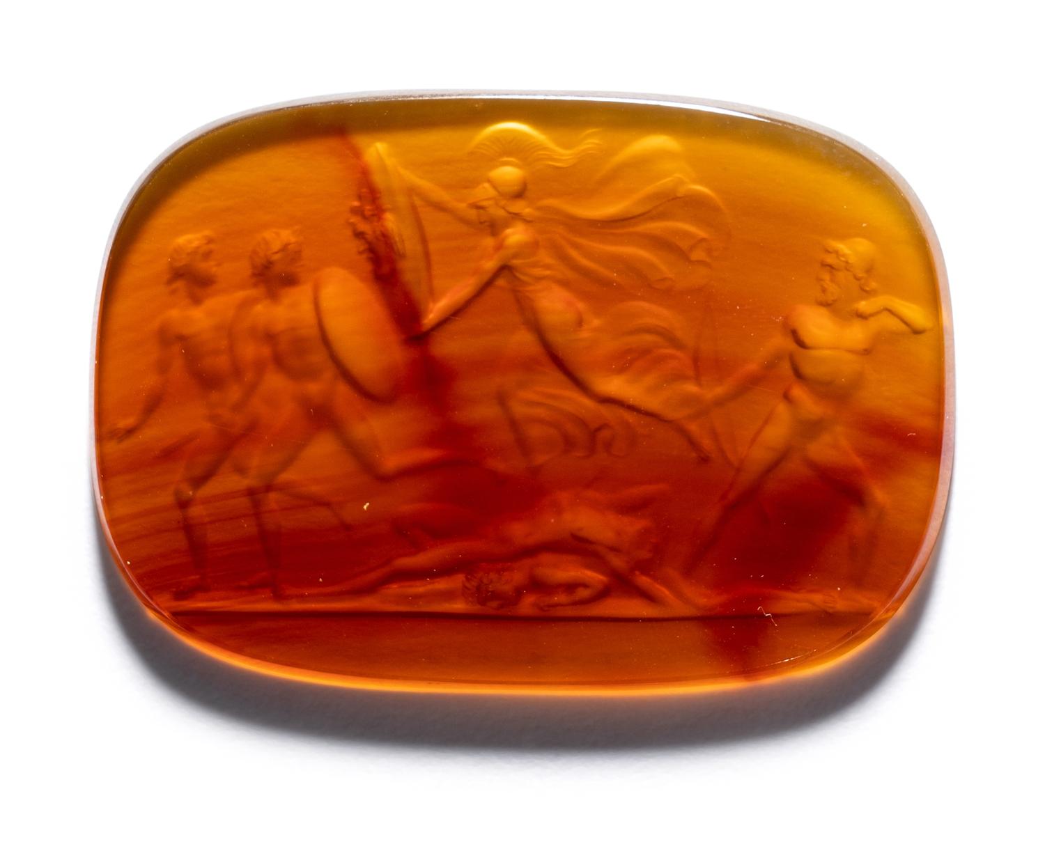 A Neoclassical Carnelian Intaglio with Ulysses and Minerva Frightening the Suitors with the Aegis.