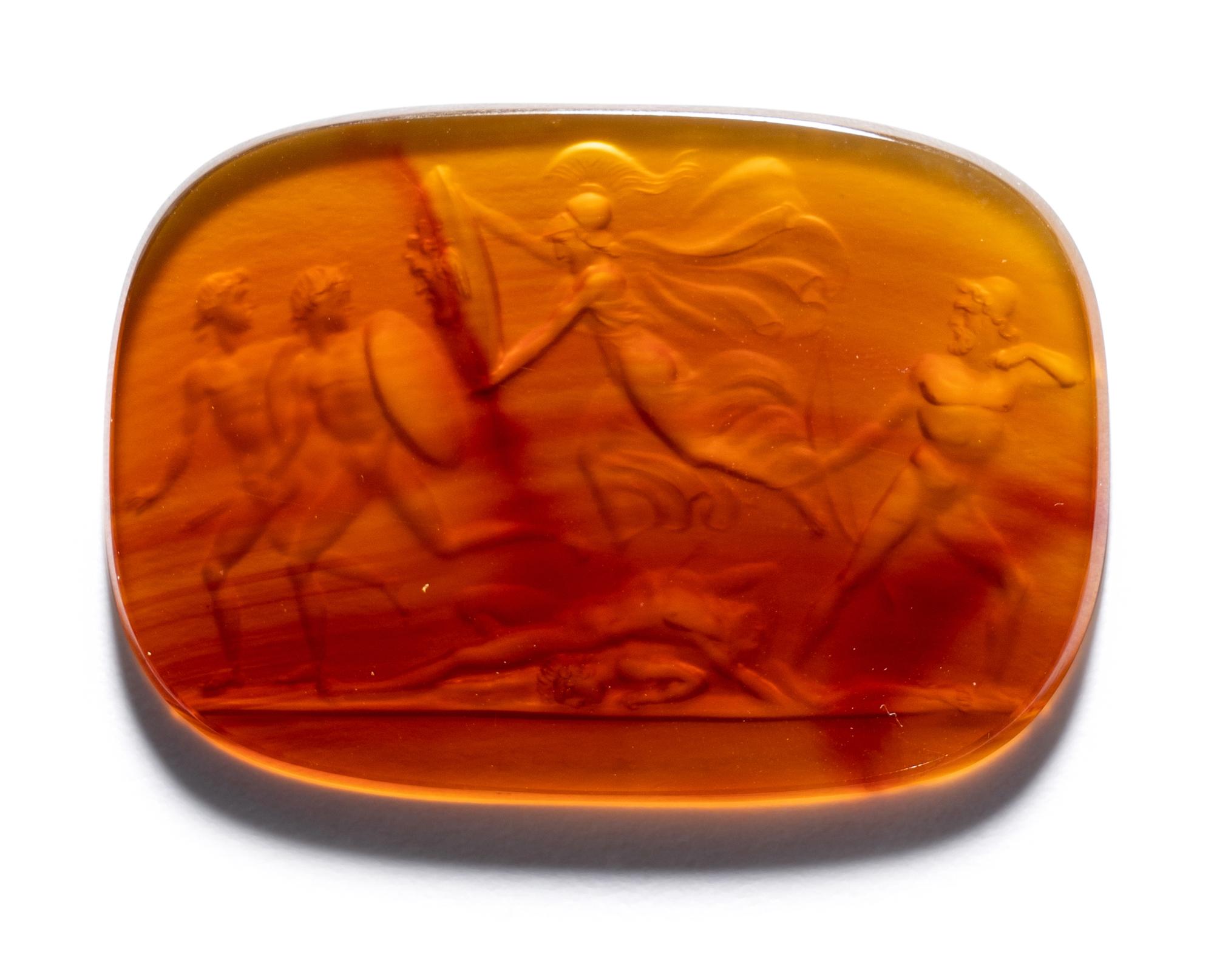 A Neoclassical Carnelian Intaglio with Ulysses and Minerva Frightening the Suitors with the Aegis.