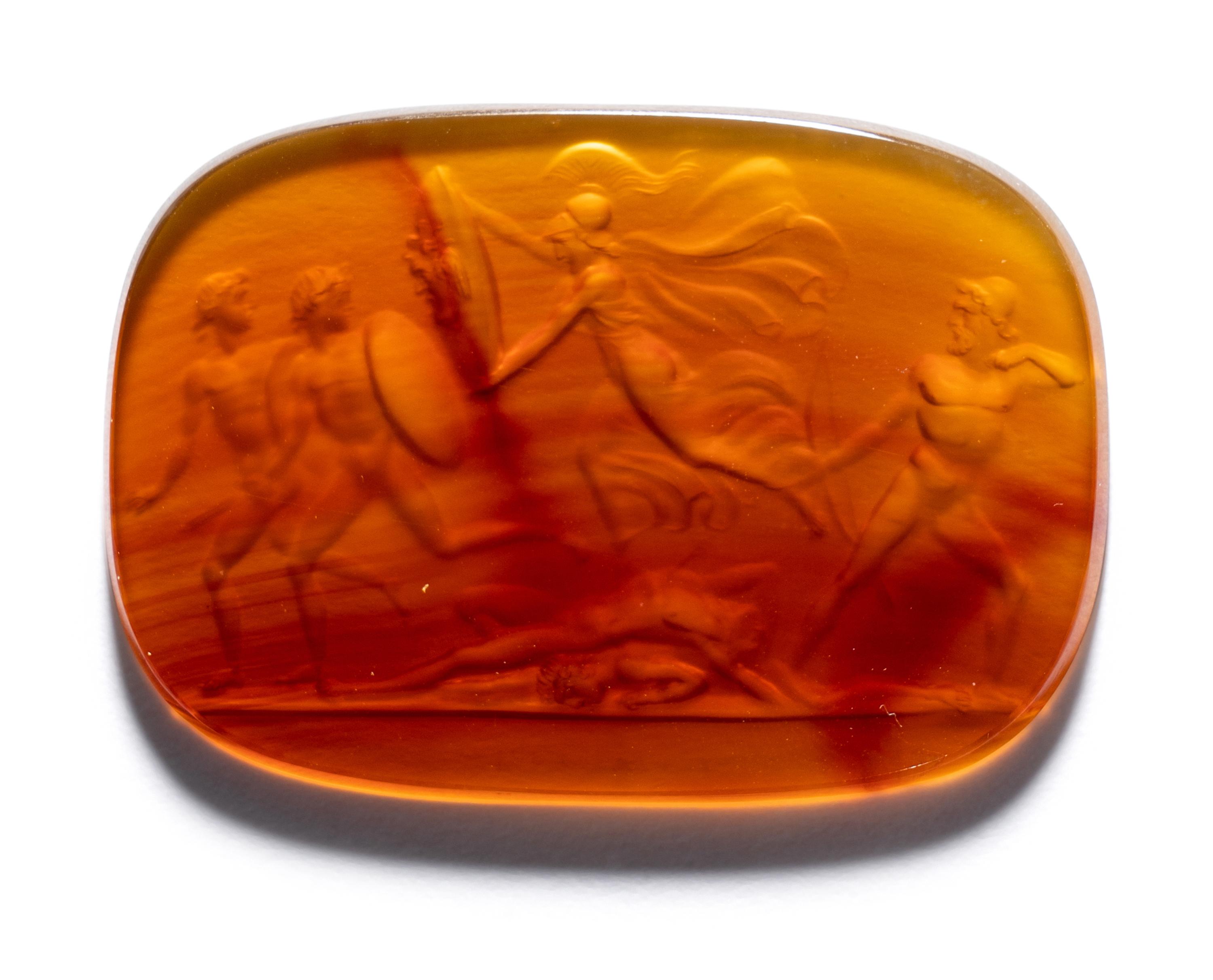 A Neoclassical Carnelian Intaglio with Ulysses and Minerva Frightening the Suitors with the Aegis.