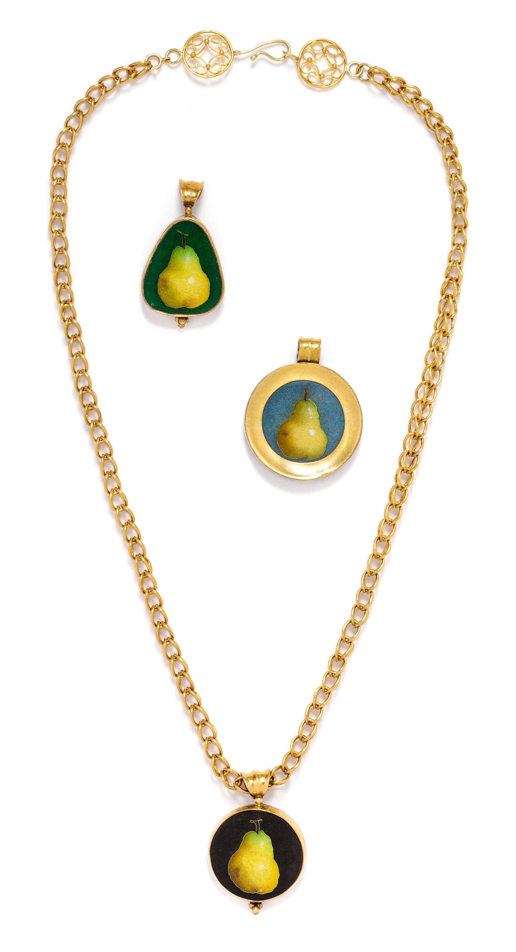 A Collection of 22 Karat Yellow Gold, Silver and Polychrome Enamel Pear Pendants, Robert Kulicke, 75.40 dwts.