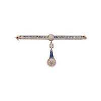 DIAMOND, SAPPHIRE AND CULTURED PEARL BROOCH