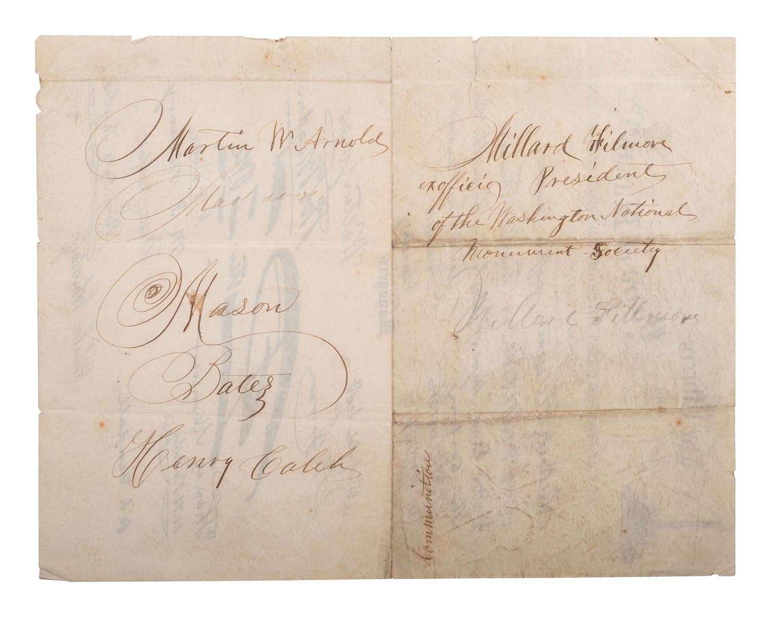 FILLMORE, Millard (1800-1874). Document signed as Pres. of the Washington Natl. Monument Society.