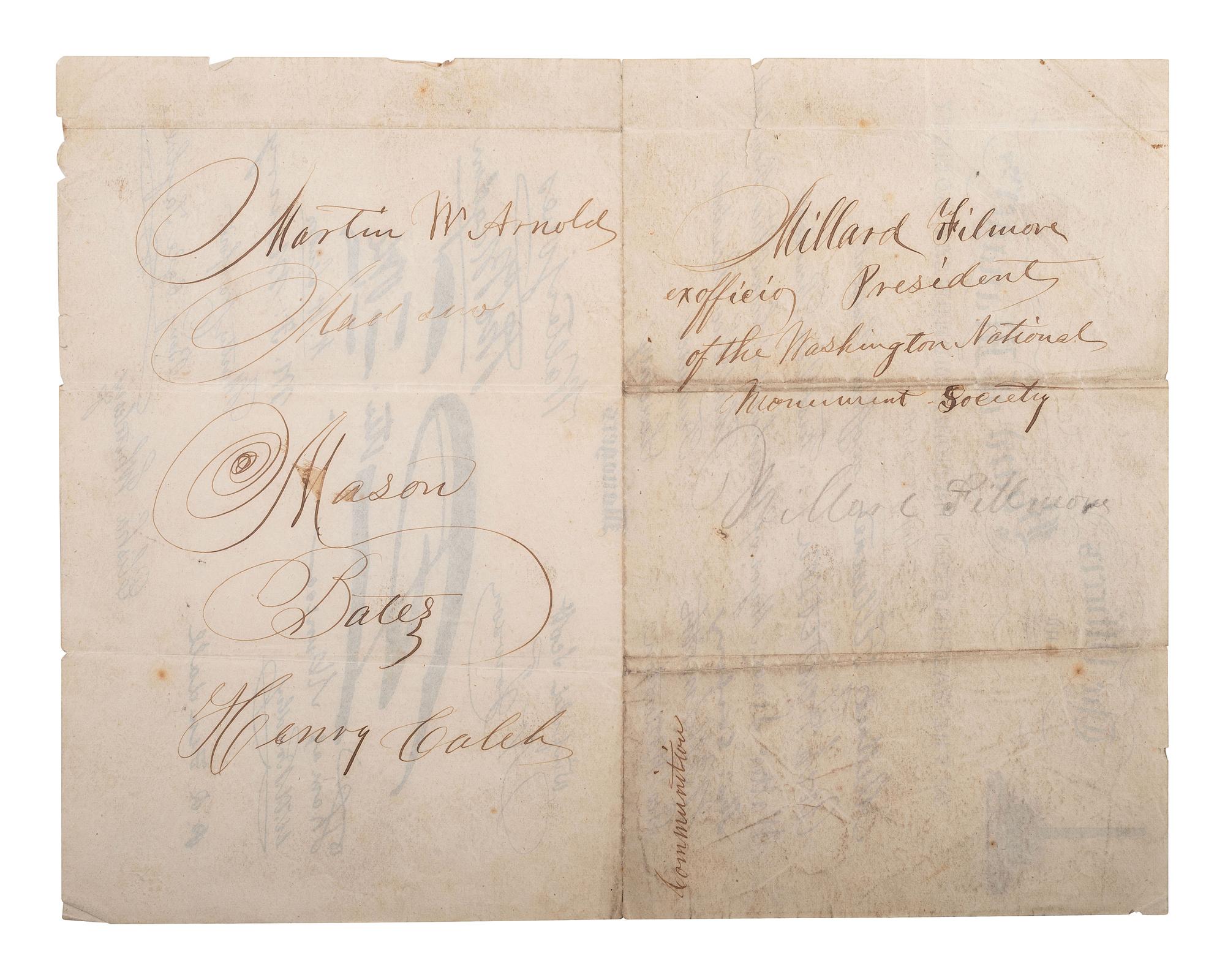 FILLMORE, Millard (1800-1874). Document signed as Pres. of the Washington Natl. Monument Society.