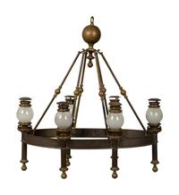 A Chapman Brass Six-Light Chandelier with Glass Shades