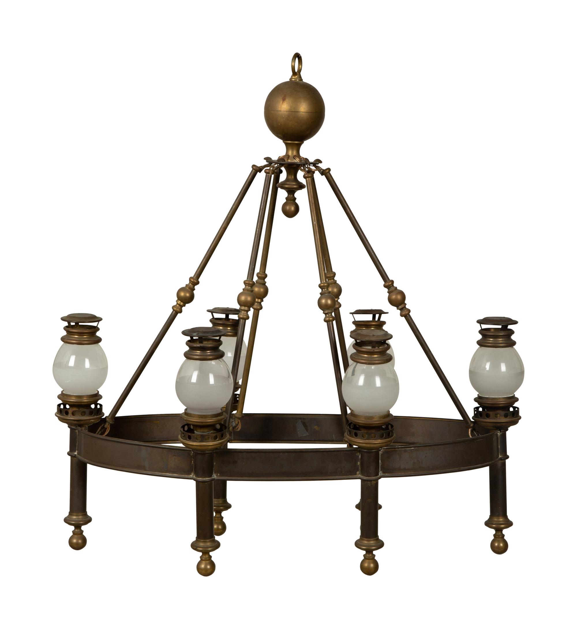 A Chapman Brass Six-Light Chandelier with Glass Shades