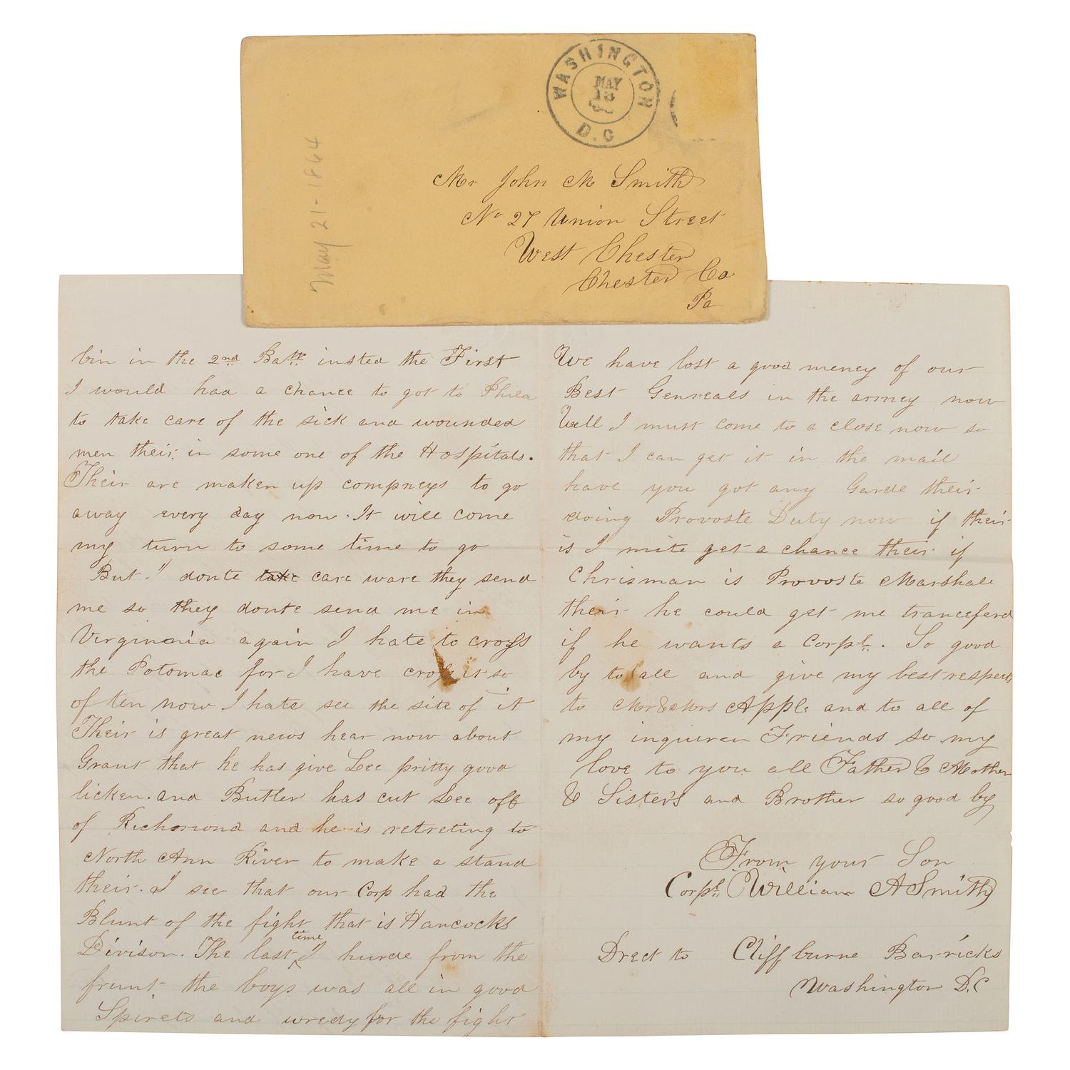 [Civil War]. War-date letter and "Battle Flag" fragment from Corporal William A. Smith, 116th Pennsylvania Regiment, part of the famed Irish Brigade.